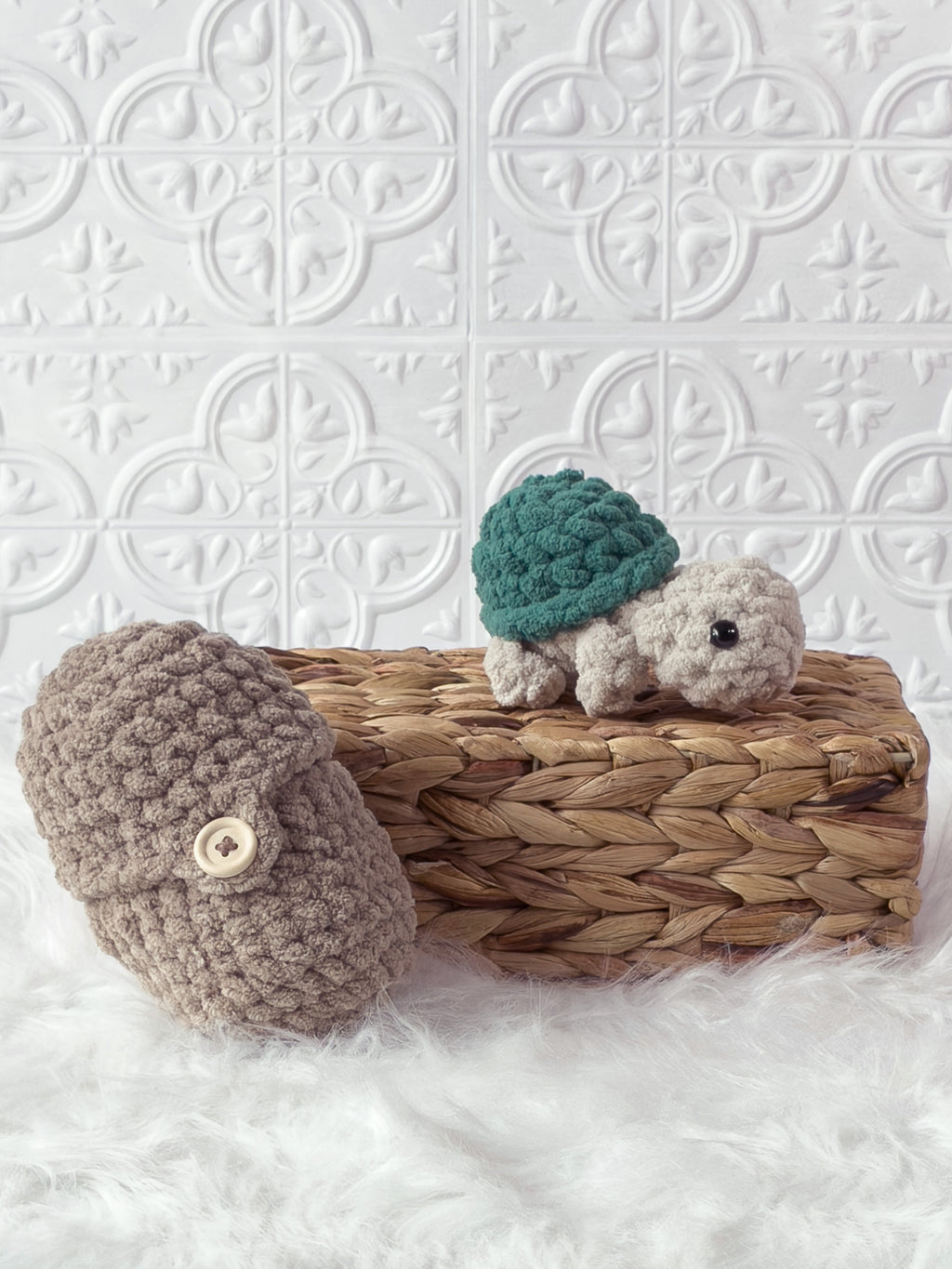 Handmade beige, cream peek a boo turtle in egg crochet plushie shown from an angled view