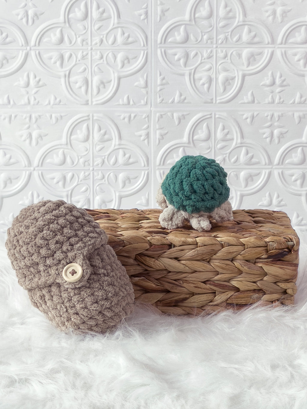 Handmade beige, cream peek a boo turtle in egg crochet plushie shown from the back