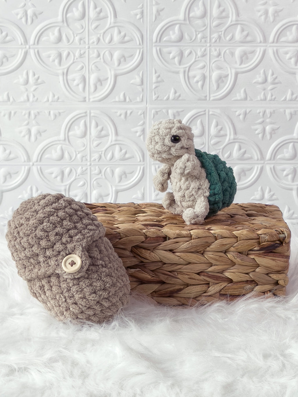 Handmade peek-a-boo turtle crochet plushie inside a crochet egg