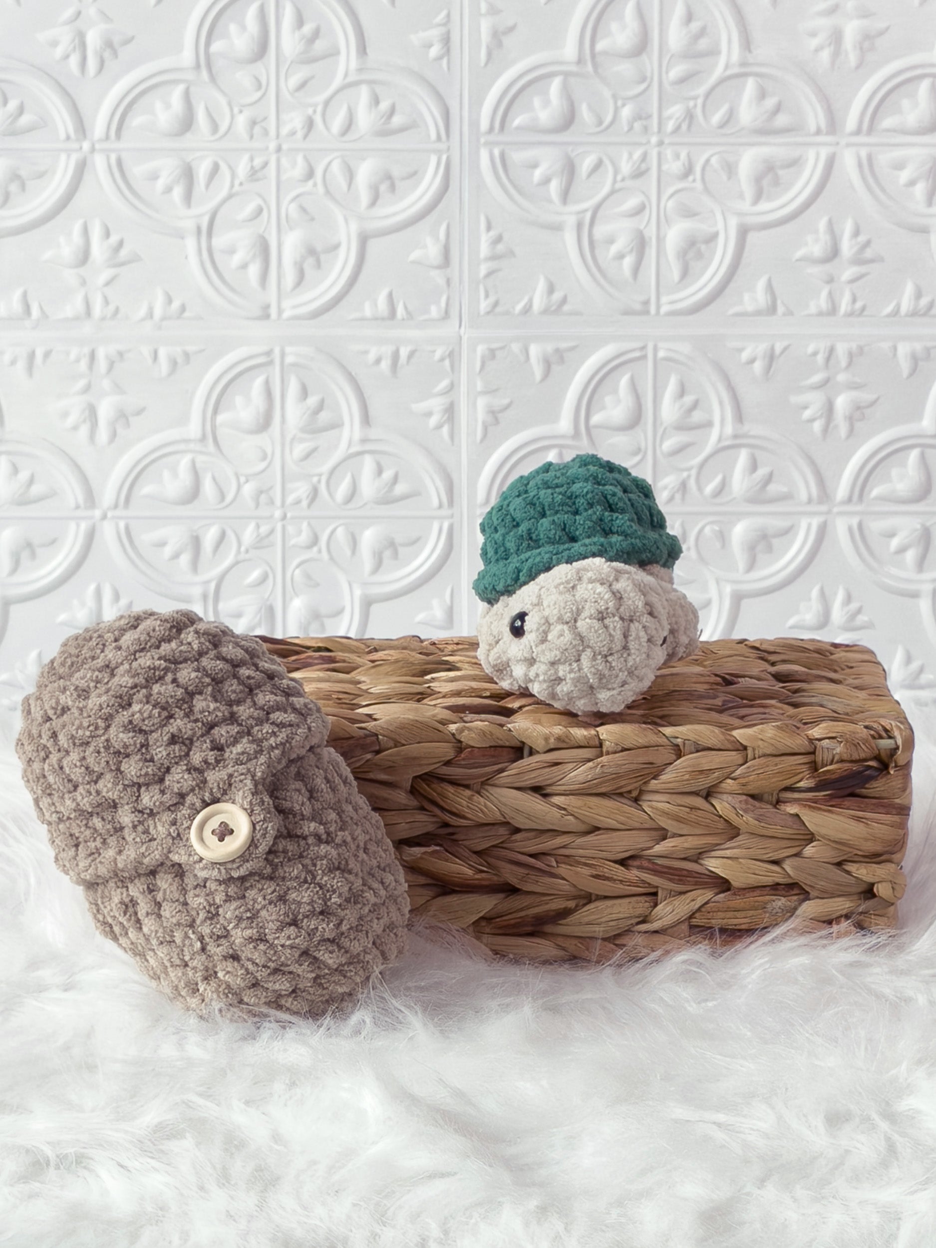 Handmade beige, cream peek a boo turtle in egg crochet plushie shown from the front