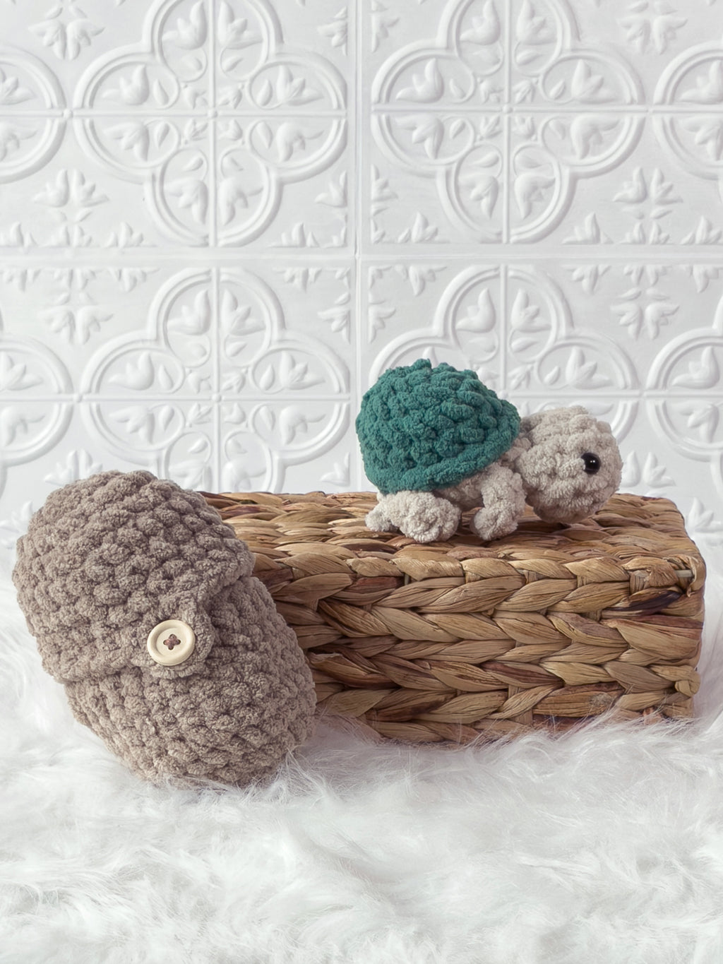 Handmade beige, cream peek a boo turtle in egg crochet plushie shown from the side