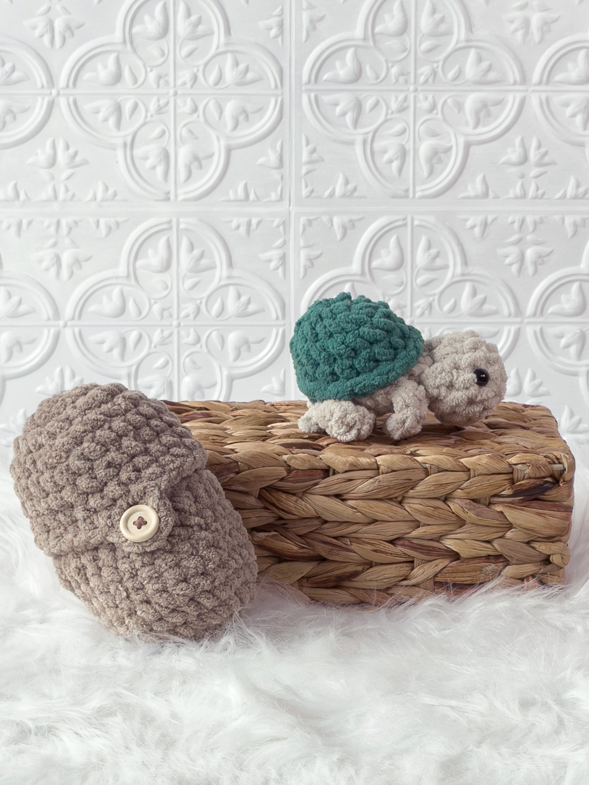 Handmade beige, cream peek a boo turtle in egg crochet plushie shown from the side