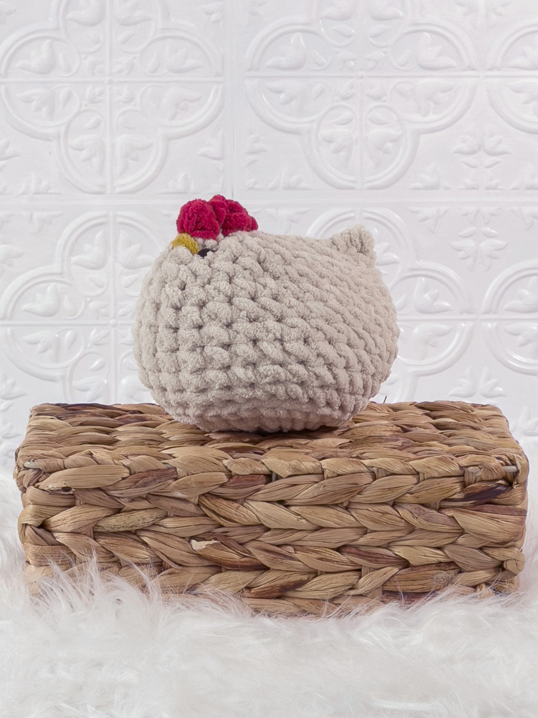Handmade chicken crochet plushie shown from the front