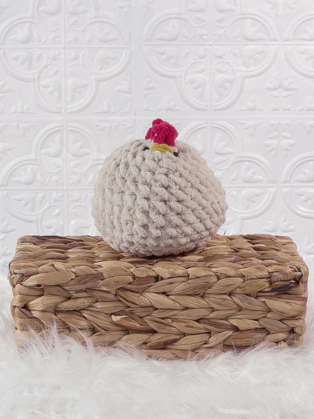 Handmade beige chicken crochet plushie shown from the front