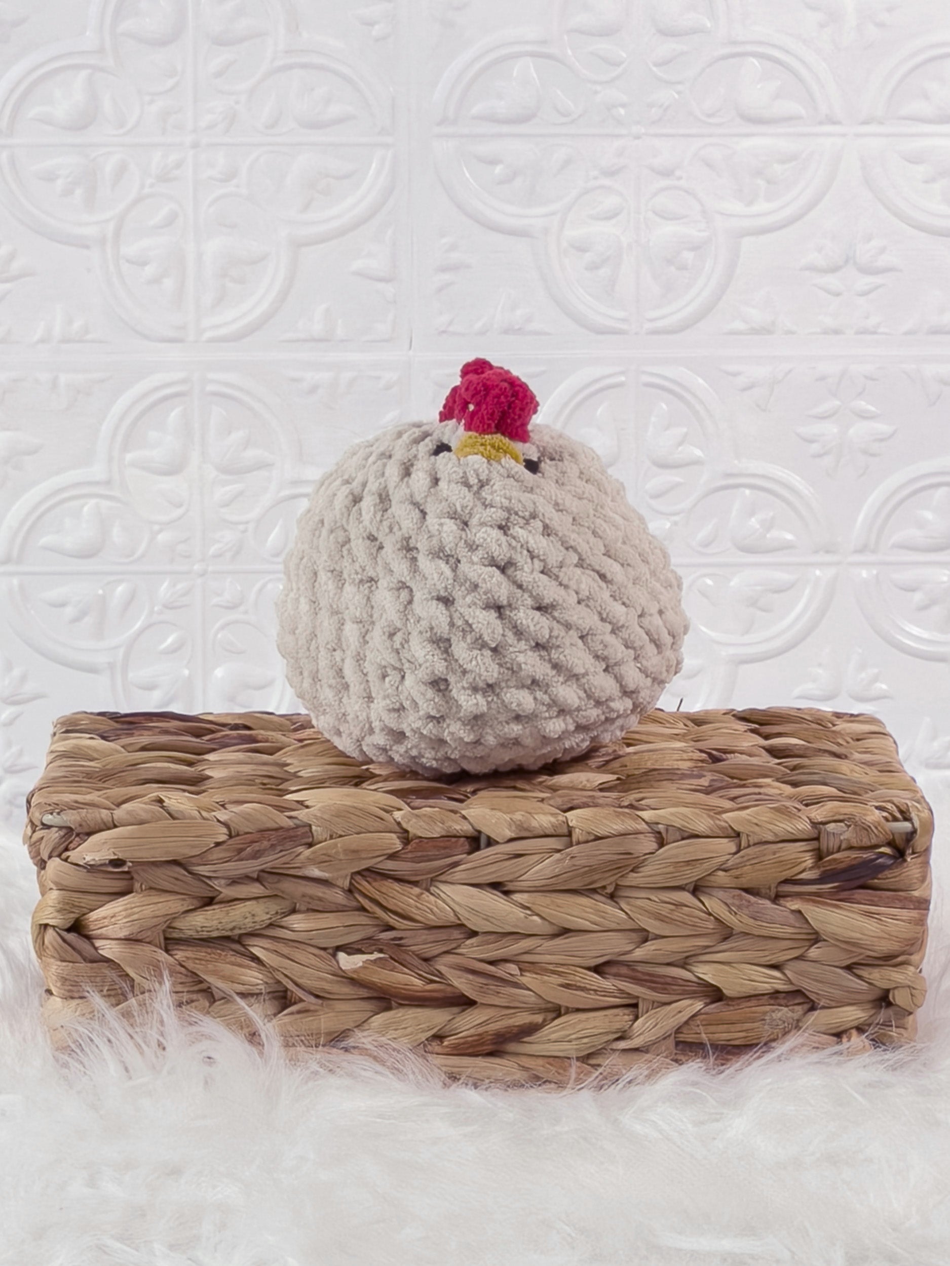 Handmade beige chicken crochet plushie shown from the front