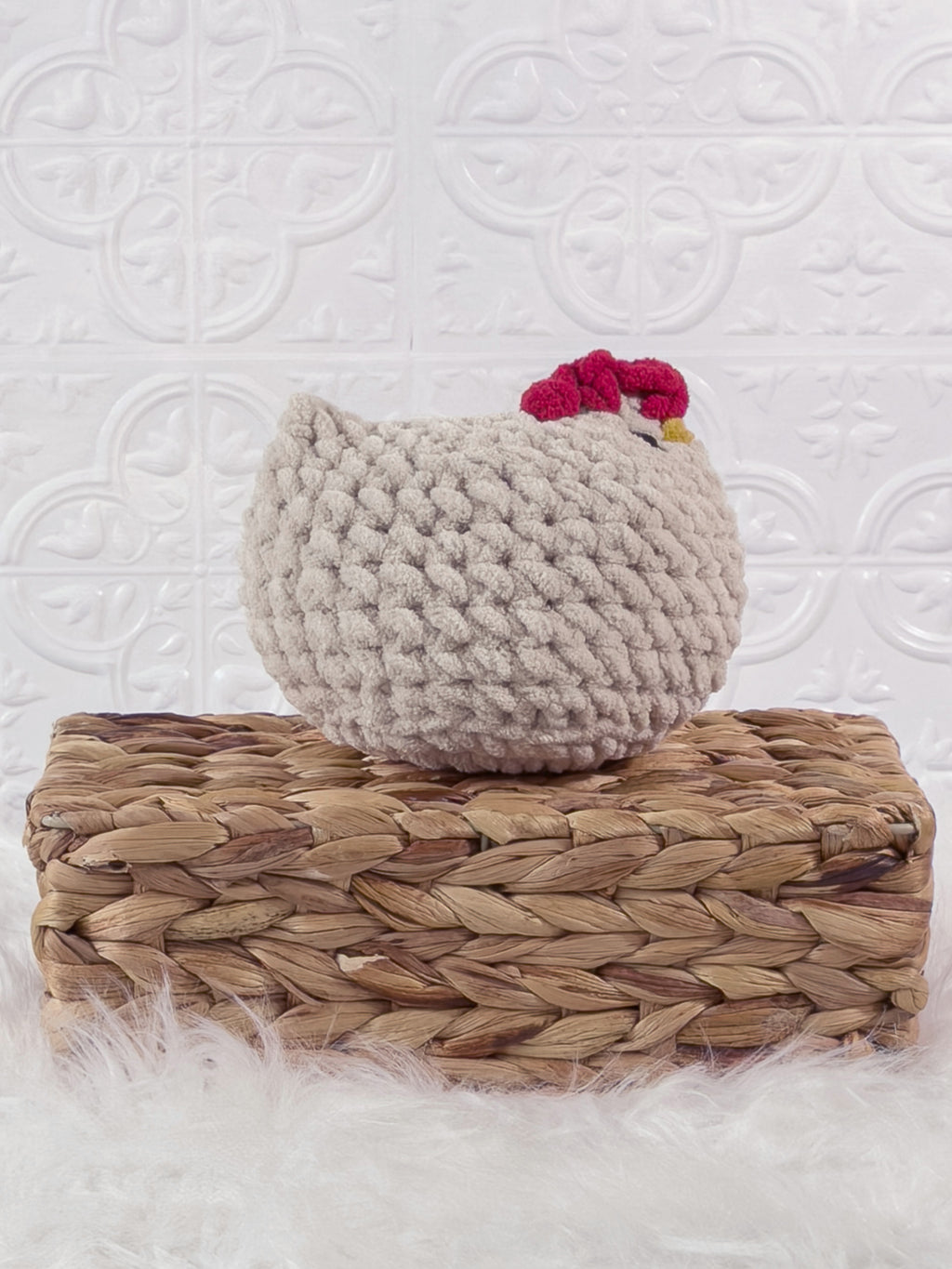 Handmade beige chicken crochet plushie shown from the side