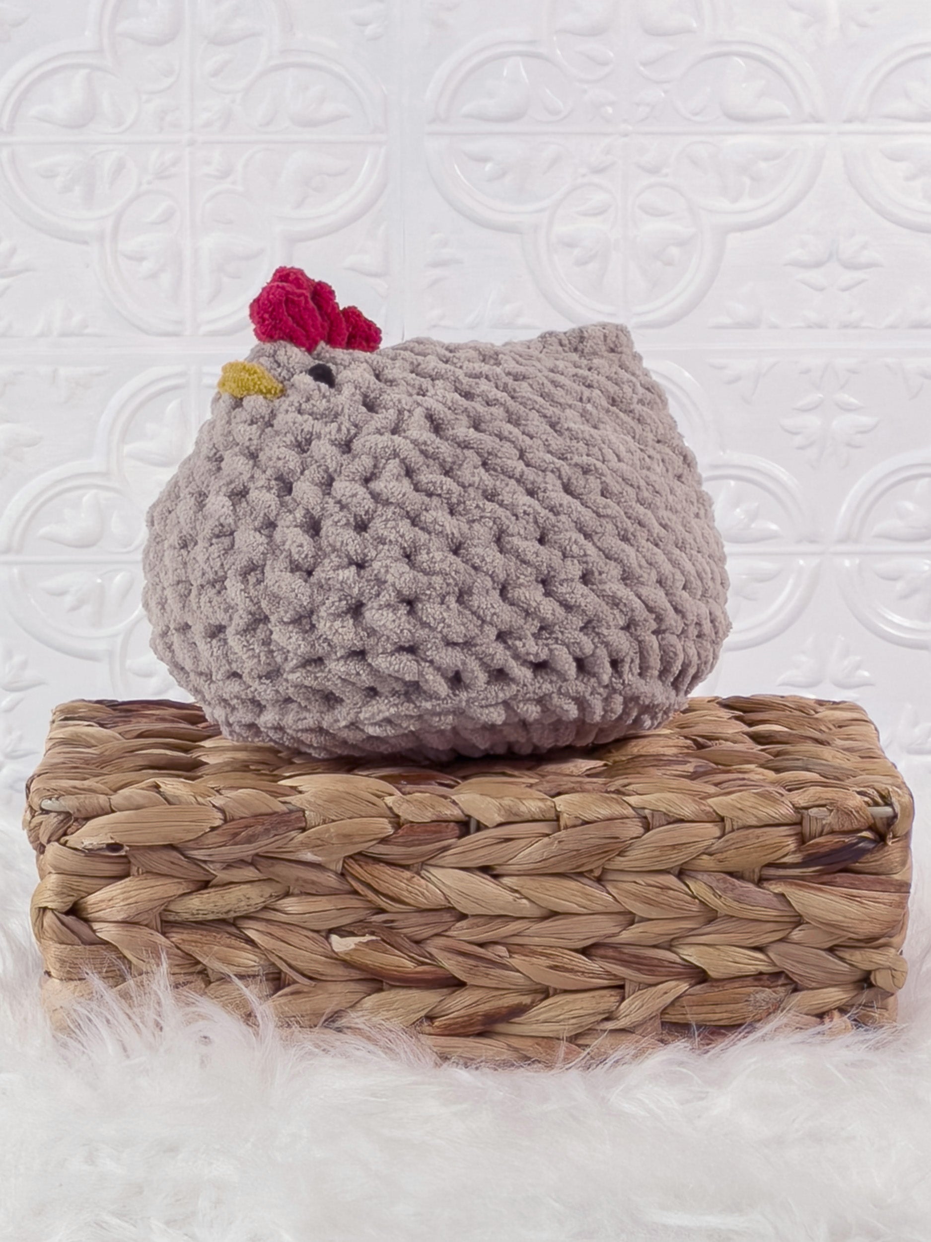 Handmade chicken crochet plushie shown from the front