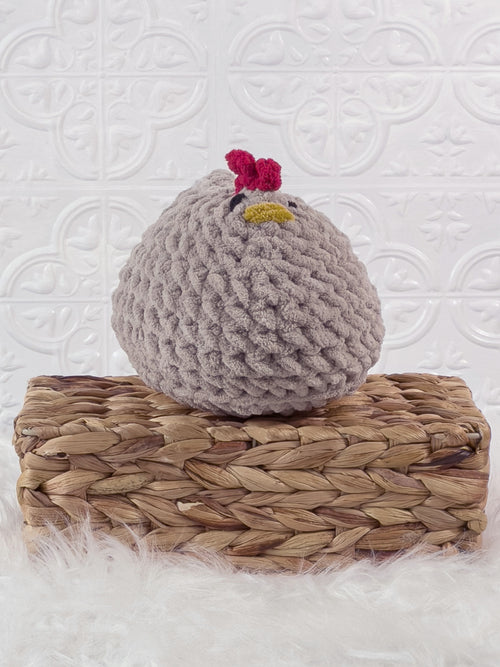 Handmade beige chicken crochet plushie shown from the front