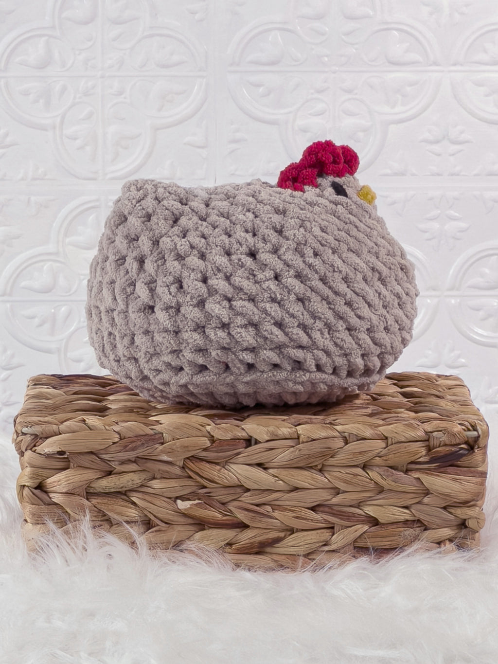 Handmade beige chicken crochet plushie shown from the side