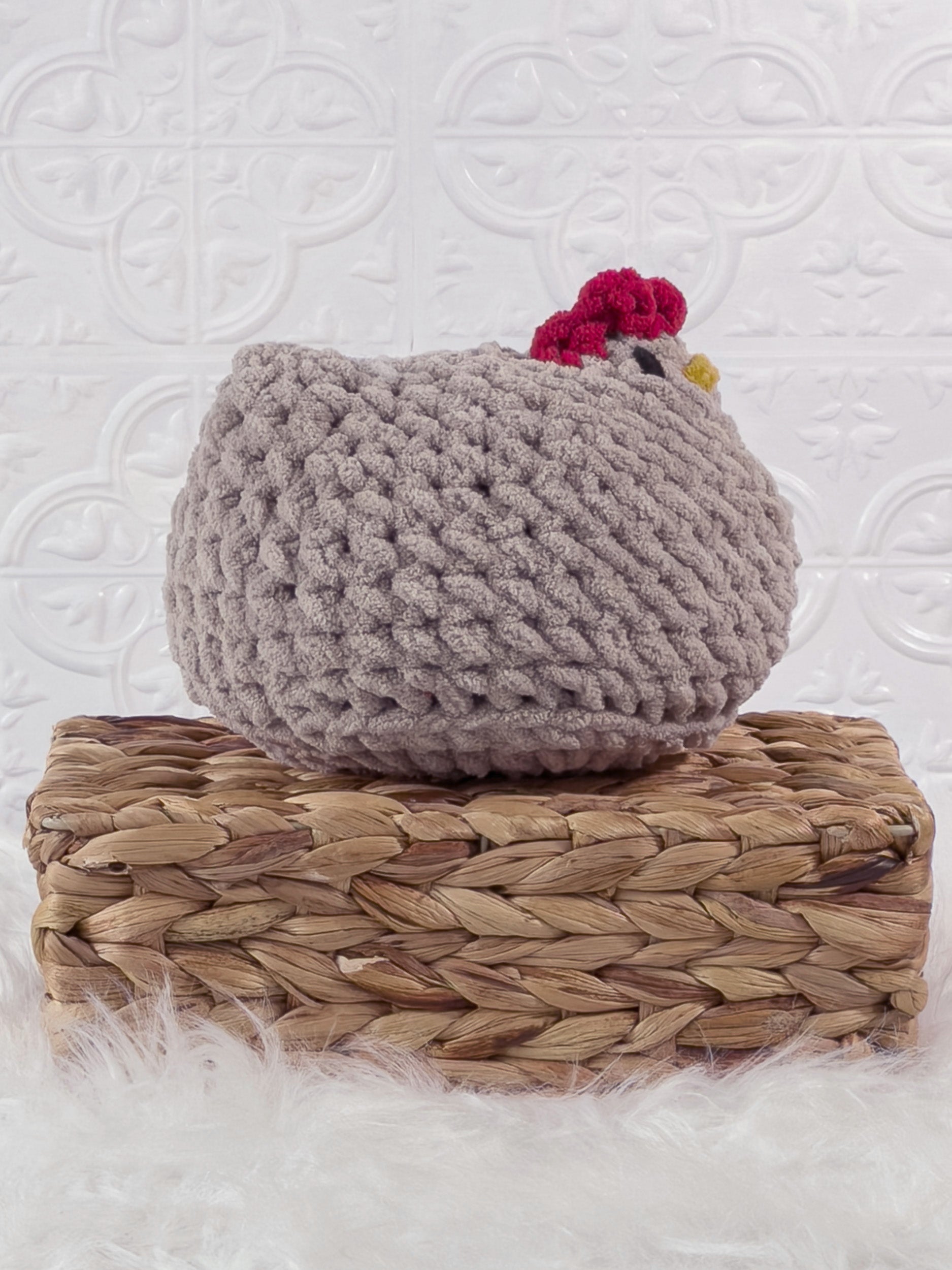 Handmade beige chicken crochet plushie shown from the side