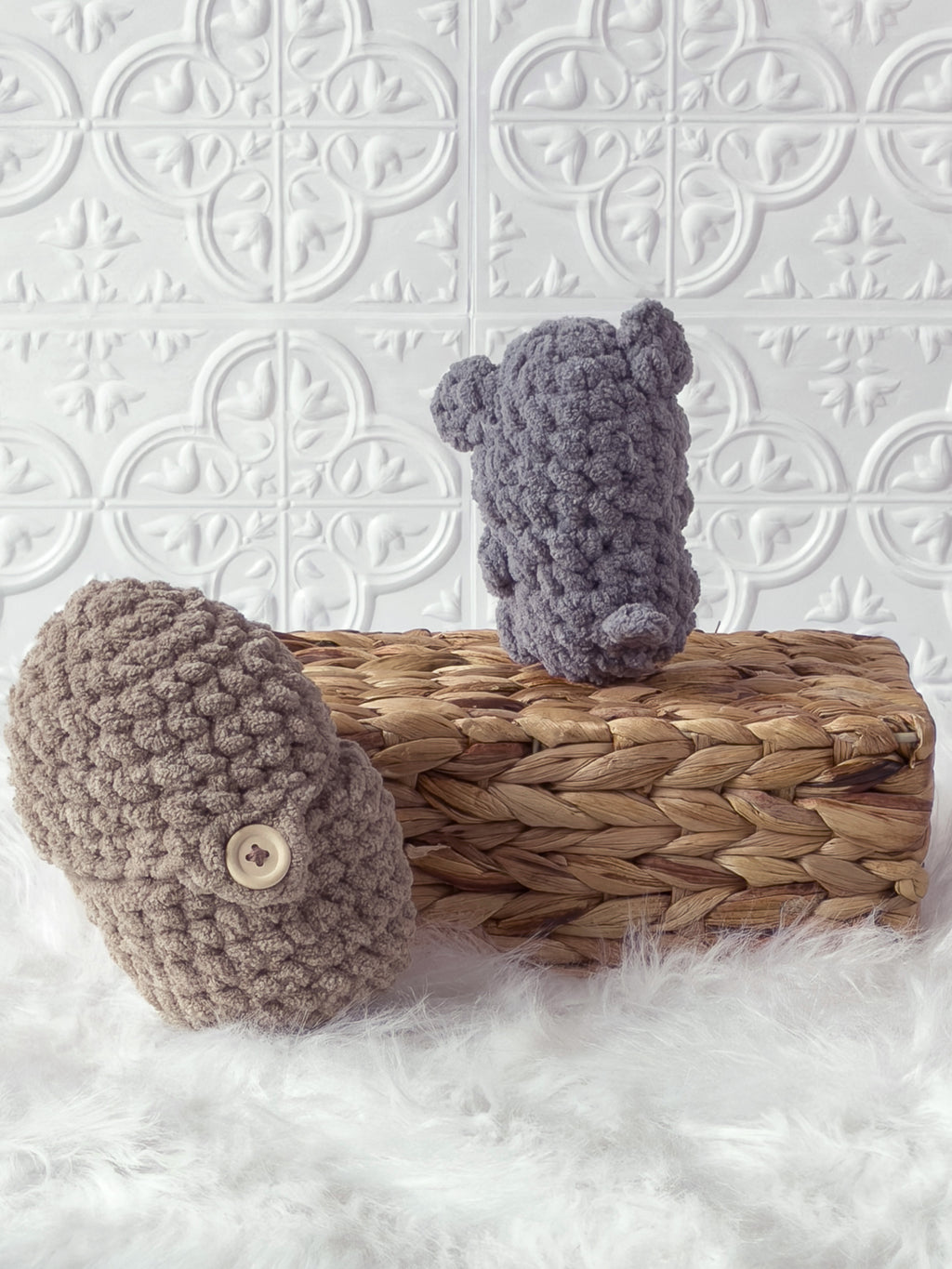 Handmade beige, grey peek a boo elephant in peanut crochet plushie shown from the back