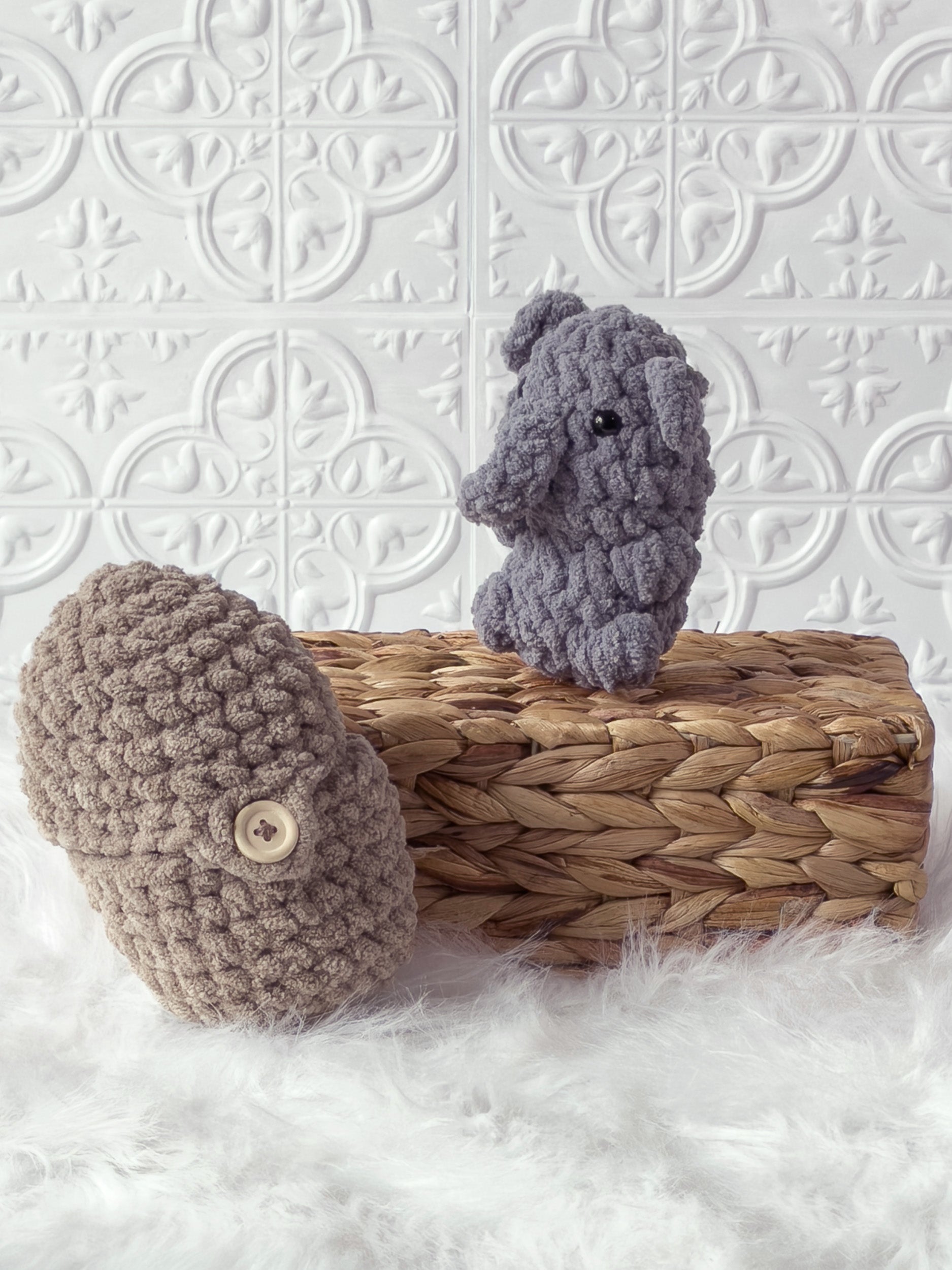 Handmade peek-a-boo elephant crochet plushie inside a crochet peanut