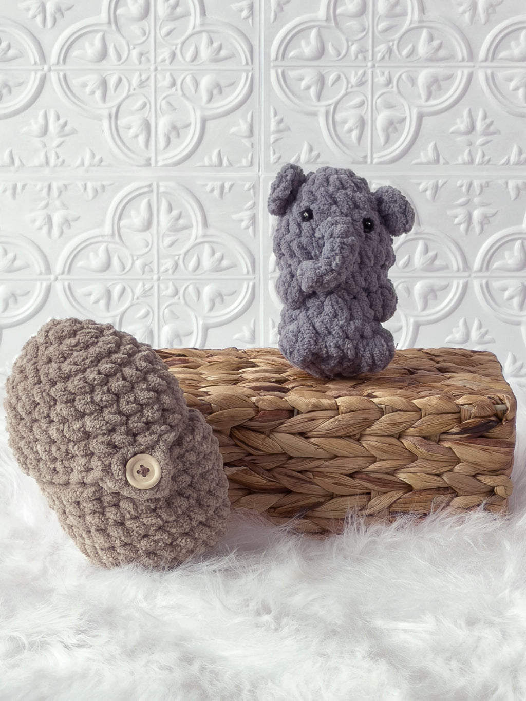Handmade beige, grey peek a boo elephant in peanut crochet plushie shown from the front