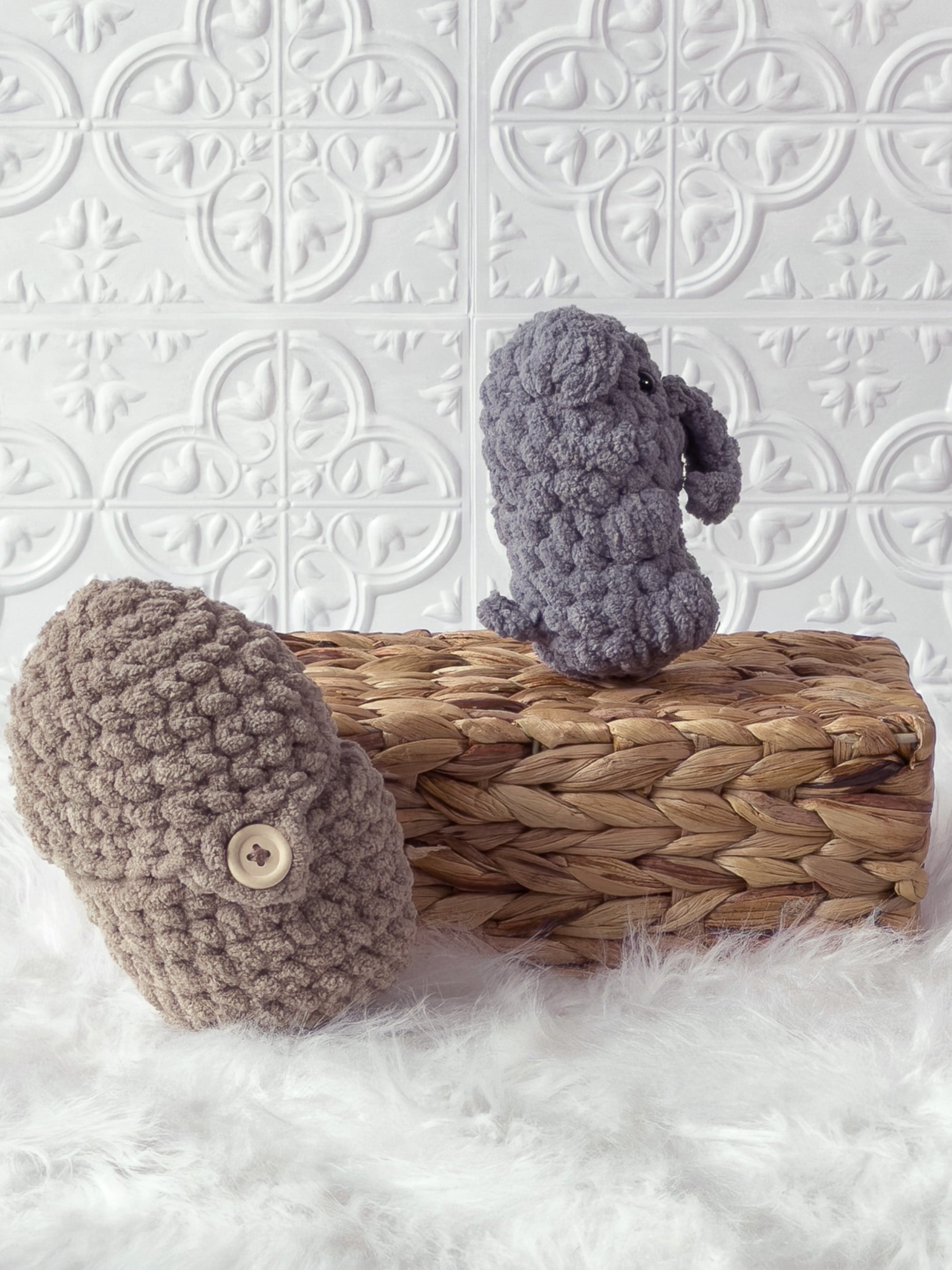 Handmade beige, grey peek a boo elephant in peanut crochet plushie shown from the side