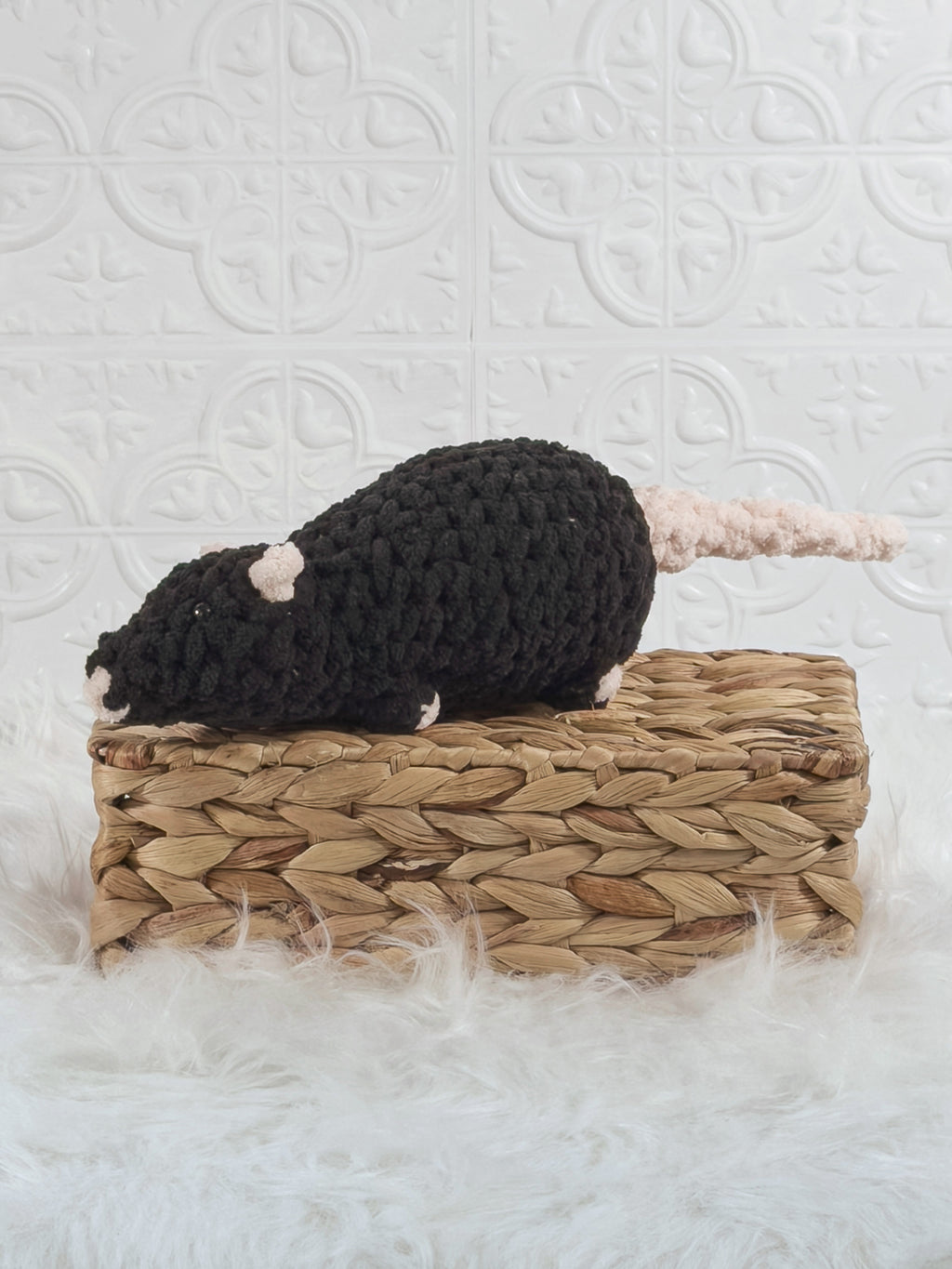Handmade black rat crochet plushie with rounded ears and a long soft body