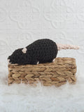 Handmade black rat crochet plushie with rounded ears and a long soft body