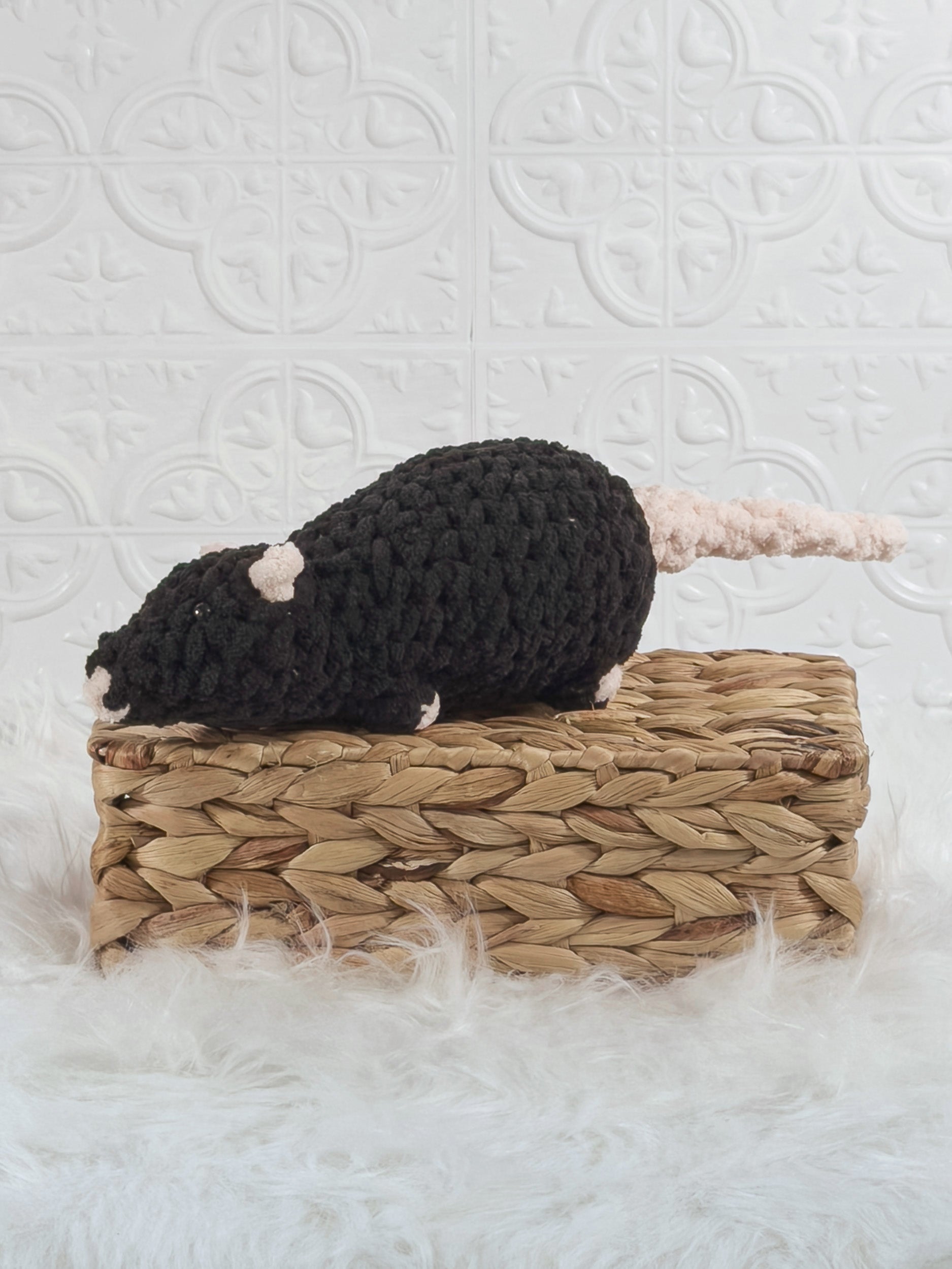 Handmade black rat crochet plushie with rounded ears and a long soft body