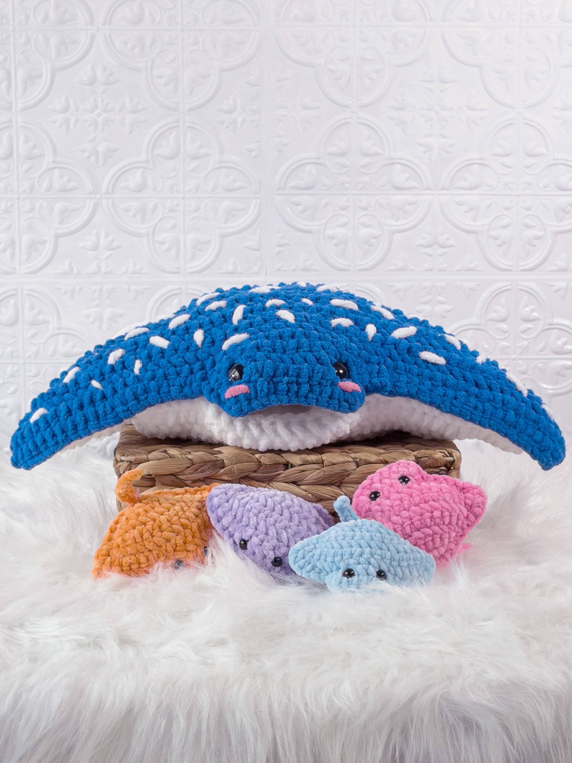 Handmade blue big stingray crochet plushie shown in a product image