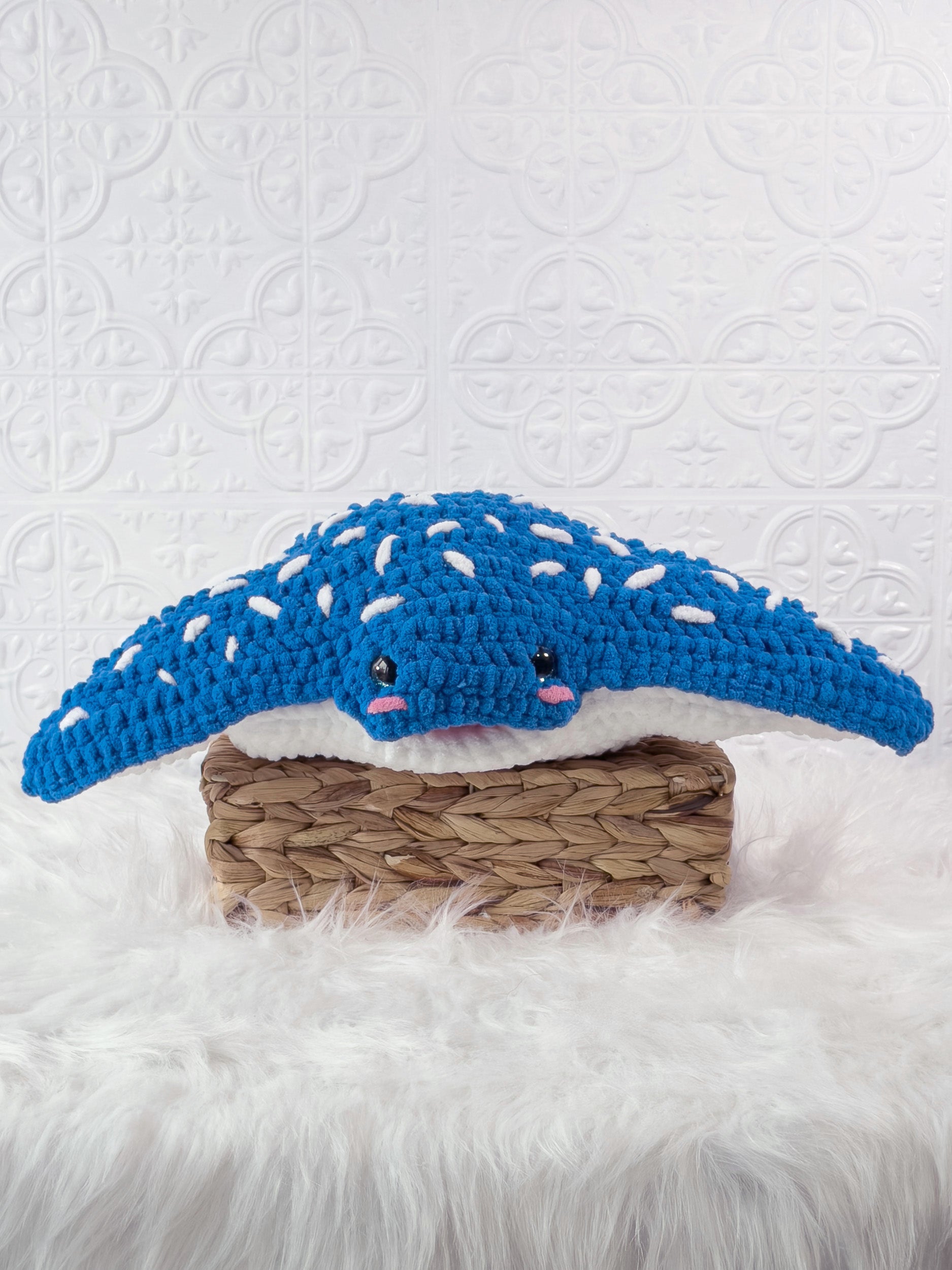 Handmade blue big stingray crochet plushie shown from the front