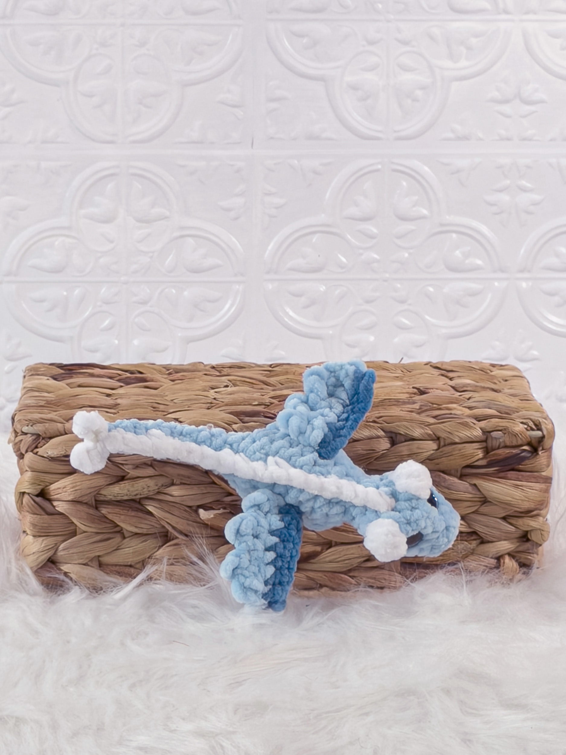 Handmade blue mini dragon crochet plushie shown in a product image