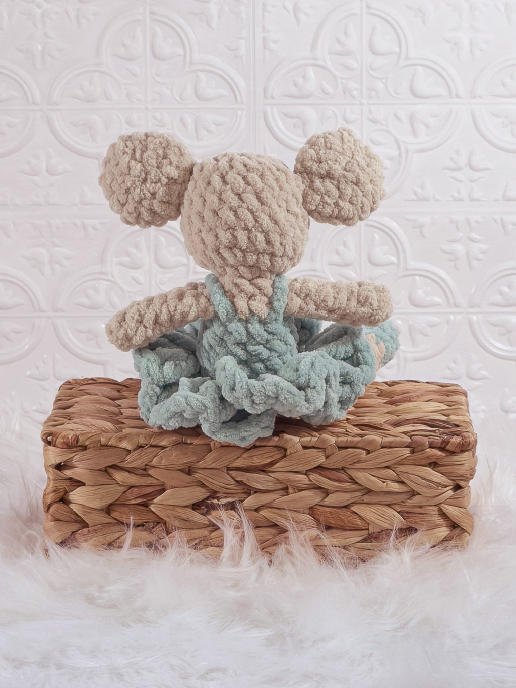 Handmade blue mouse ballerina crochet plushie shown from the back