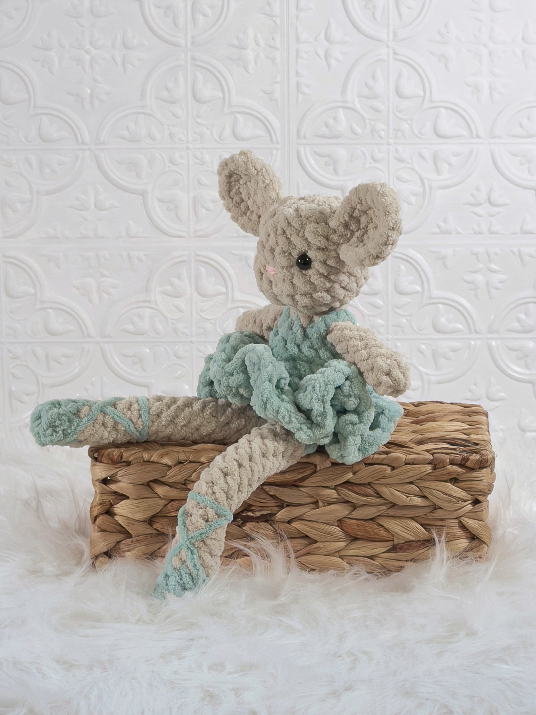 Handmade mouse ballerina crochet plushie wearing a dance-inspired outfit