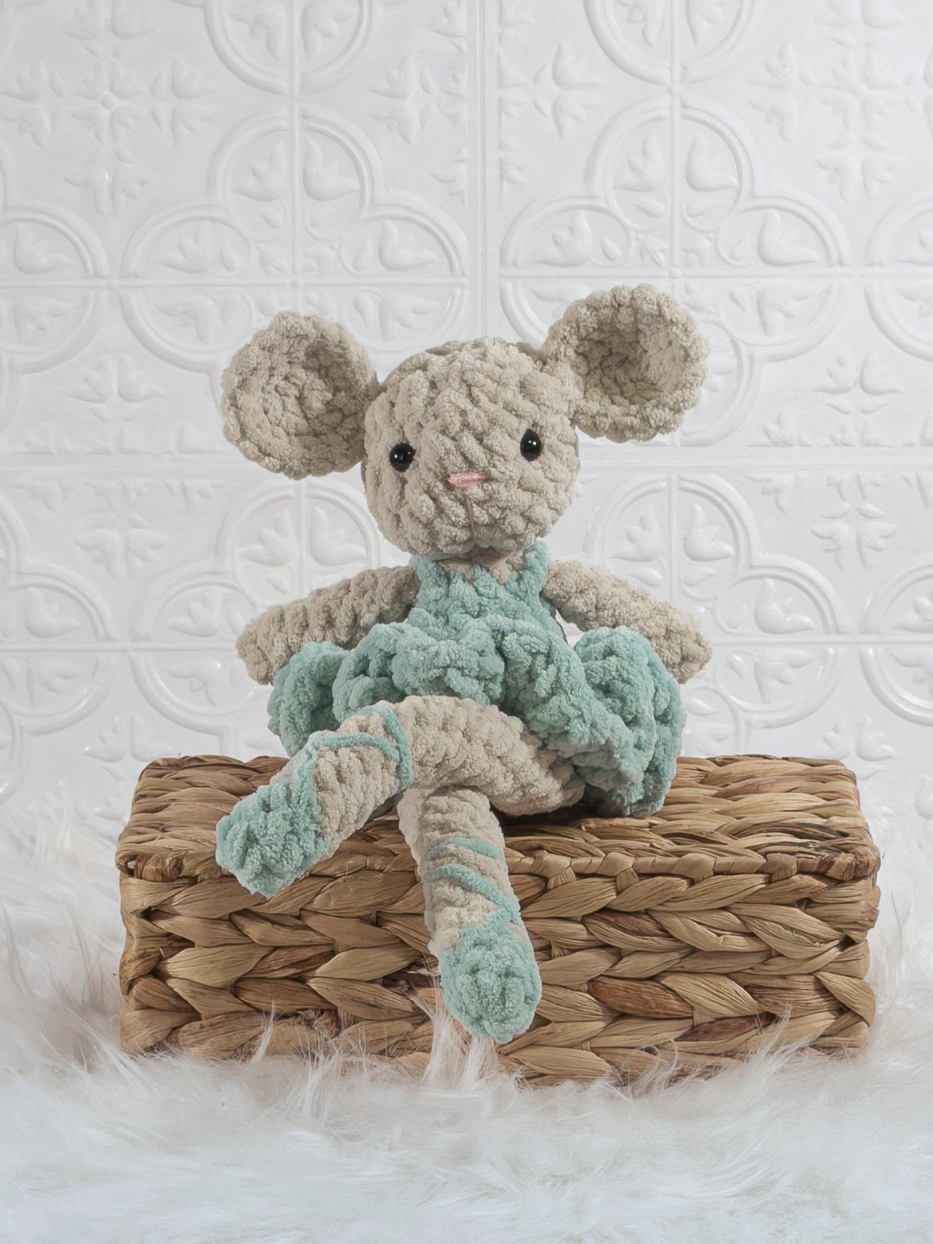 Handmade blue mouse ballerina crochet plushie shown from the front