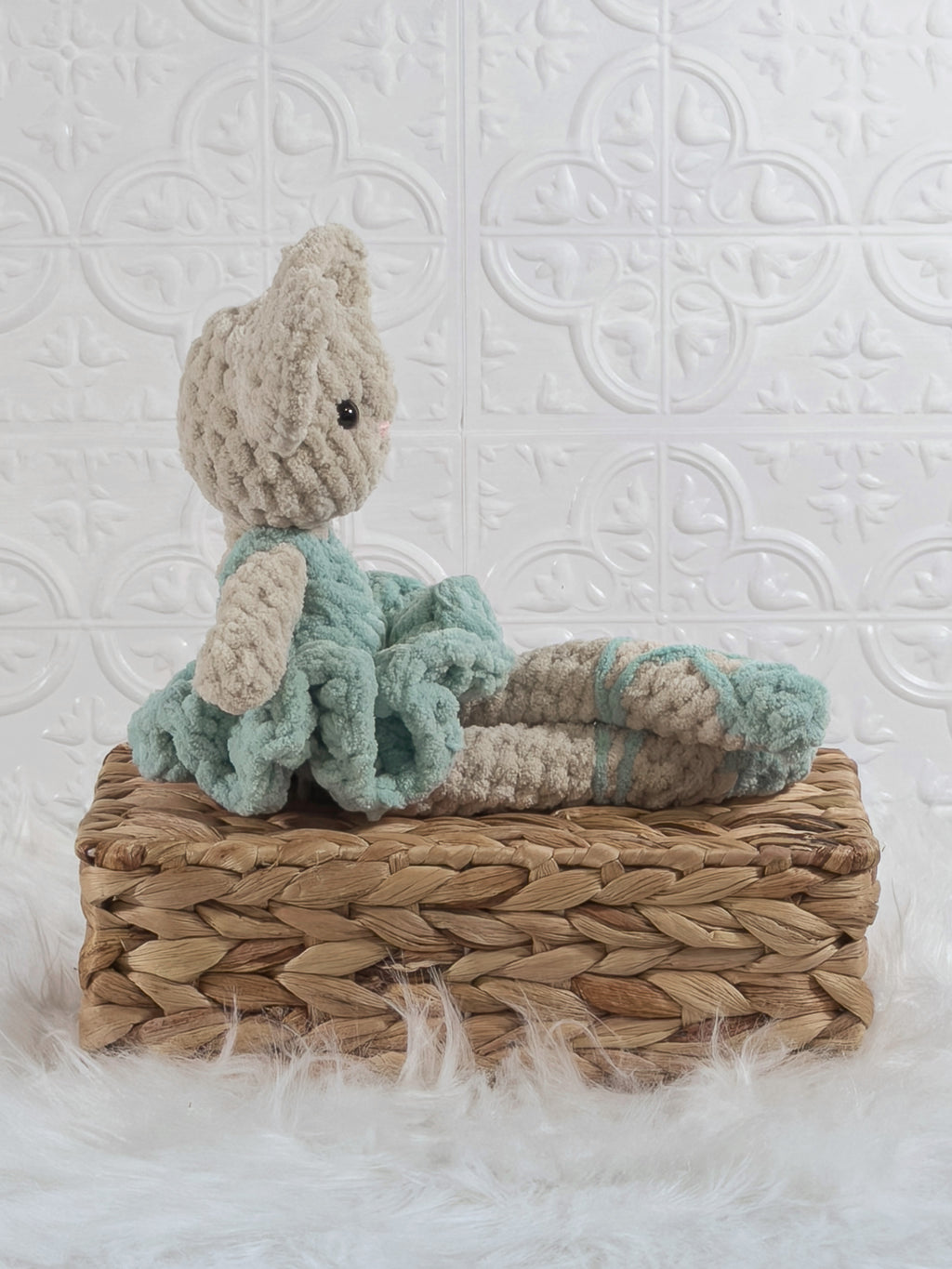 Handmade blue mouse ballerina crochet plushie shown from the side