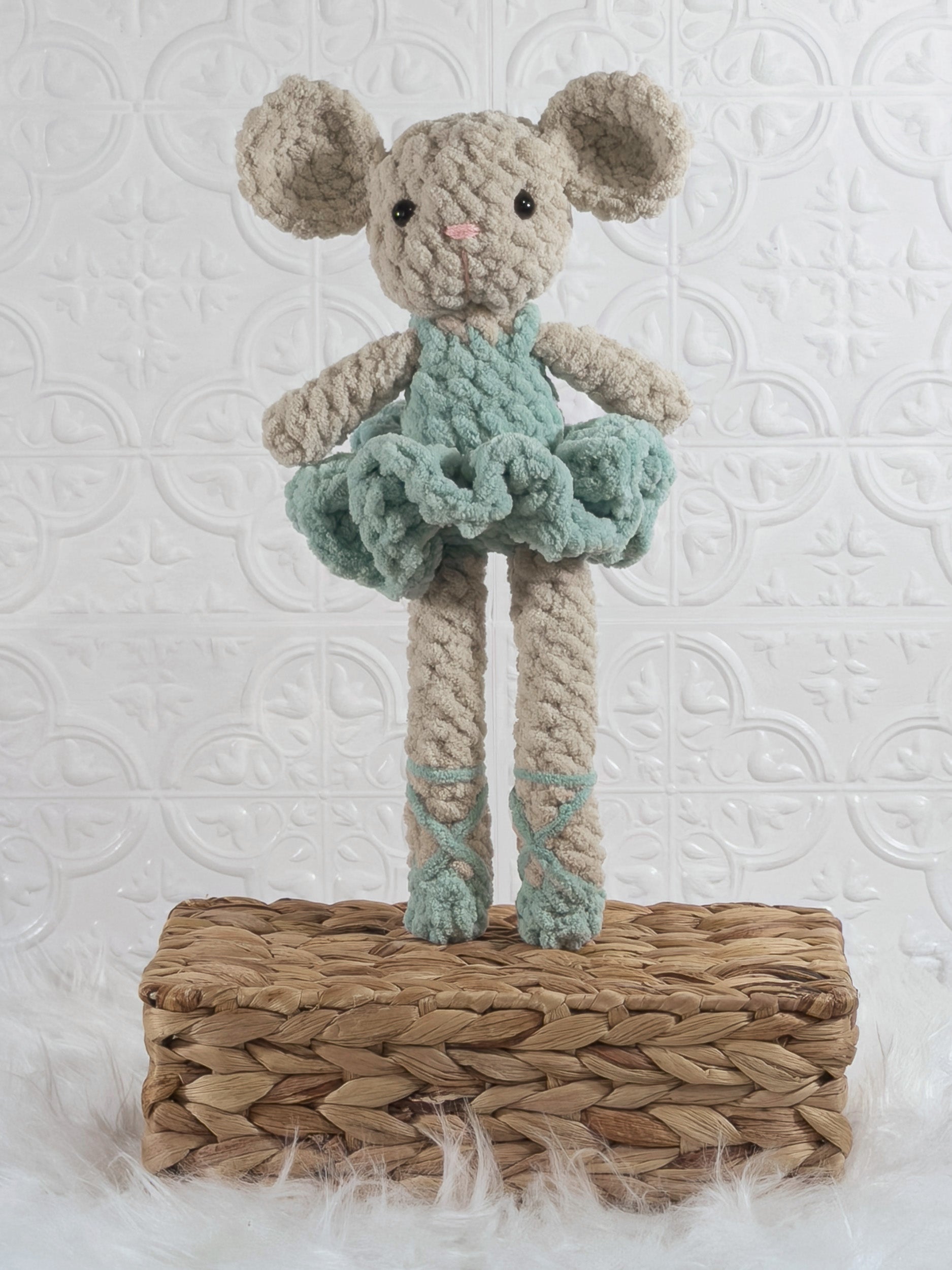 Handmade blue mouse ballerina crochet plushie shown in a product image