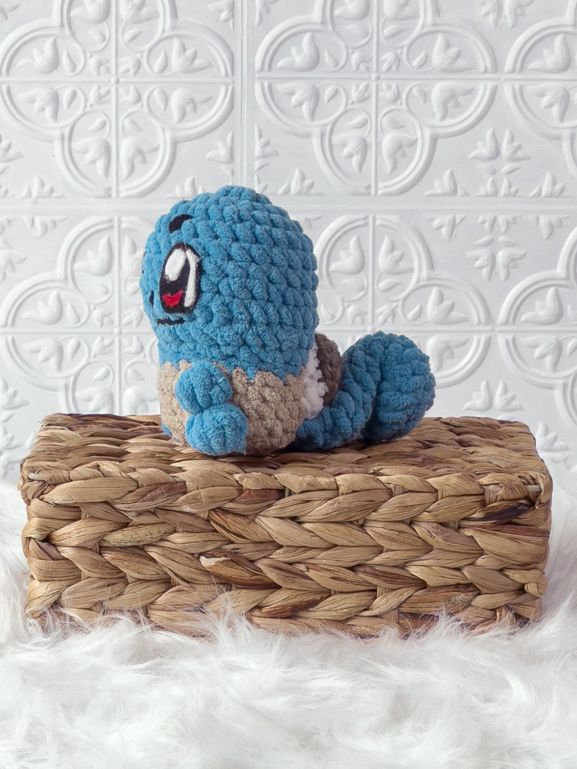 Handmade Squirtle crochet plushie with turtle-inspired character details