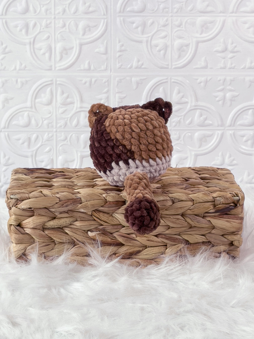 Handmade brown kitten crochet plushie shown from the back