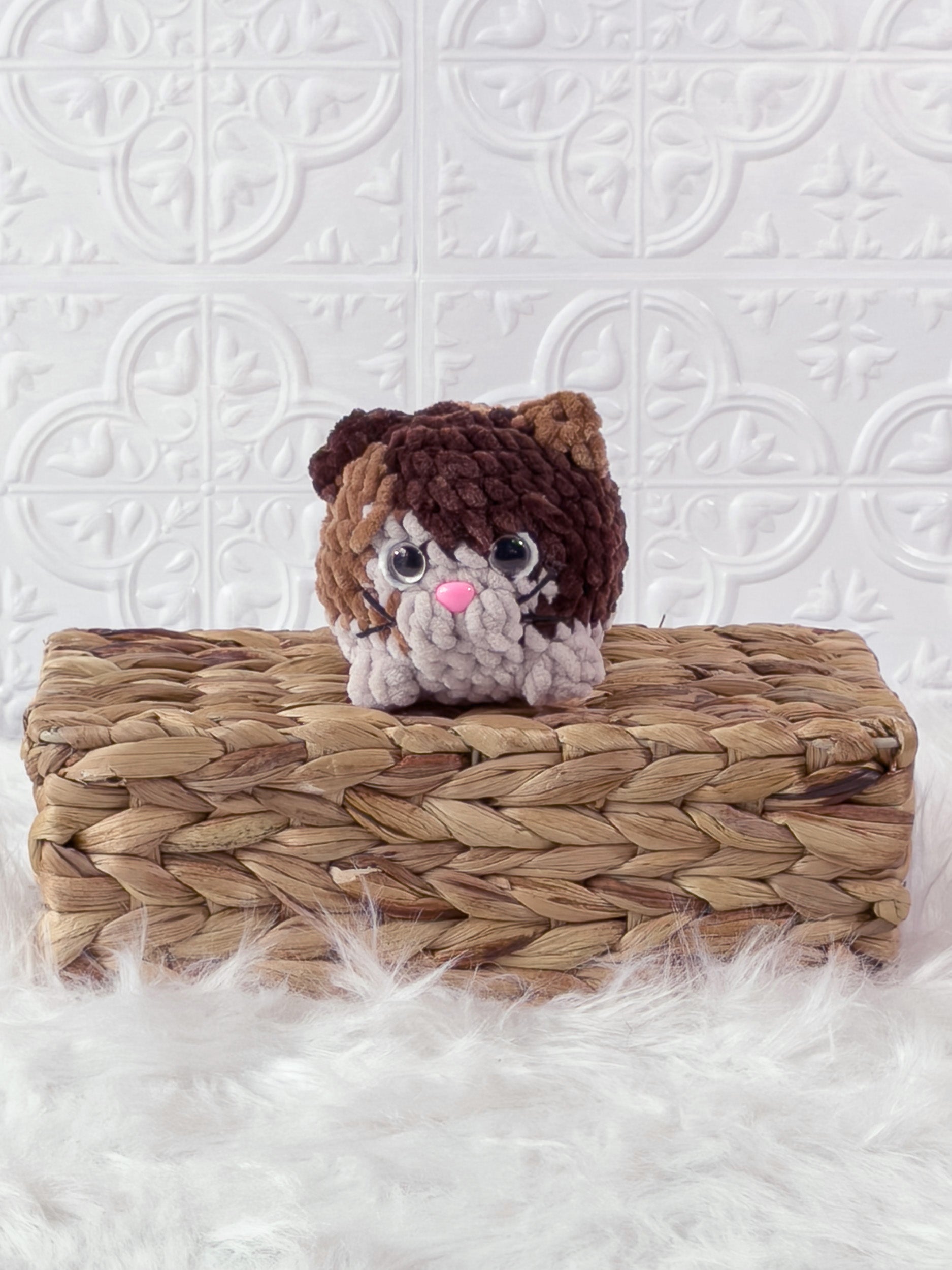 Handmade brown kitten crochet plushie shown from the front