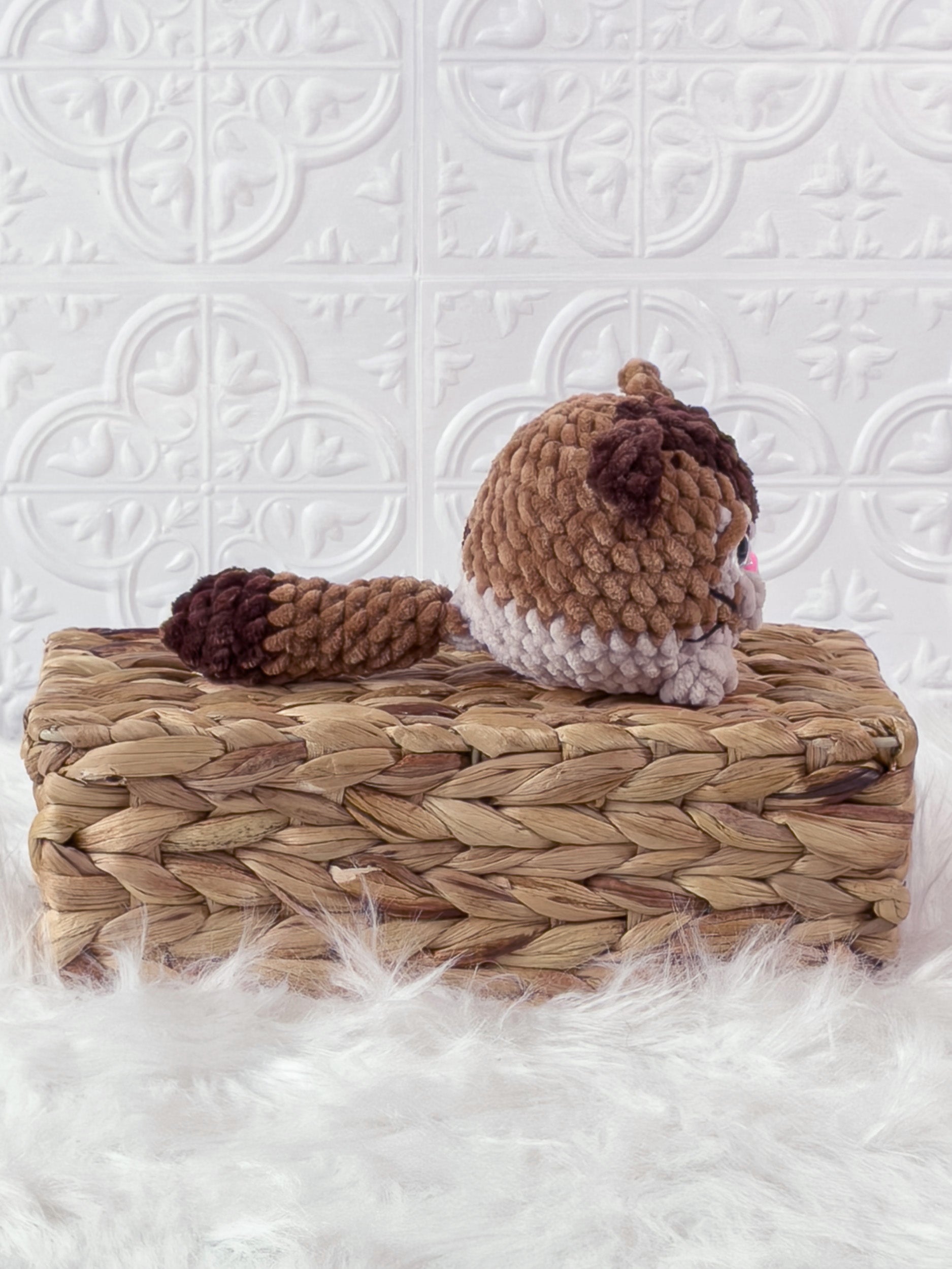 Handmade brown kitten crochet plushie shown from the side