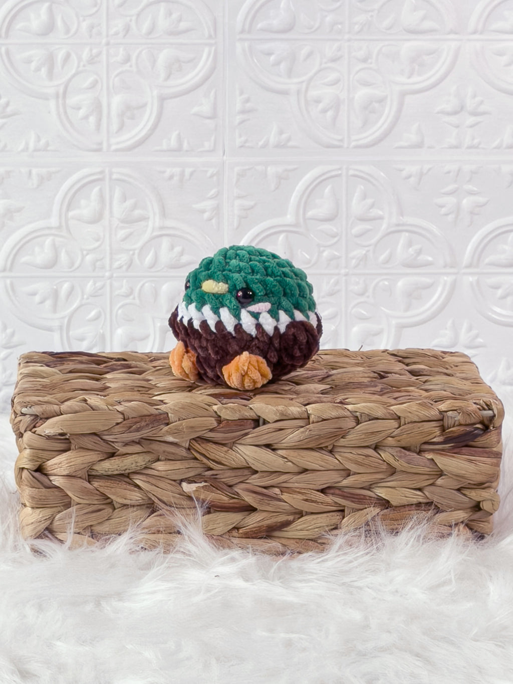 Handmade mallard crochet plushie shown from the front