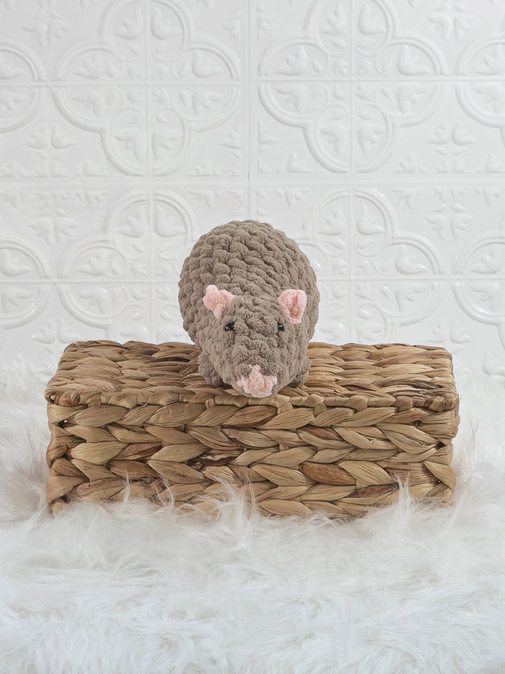 Handmade brown rat crochet plushie shown from the front