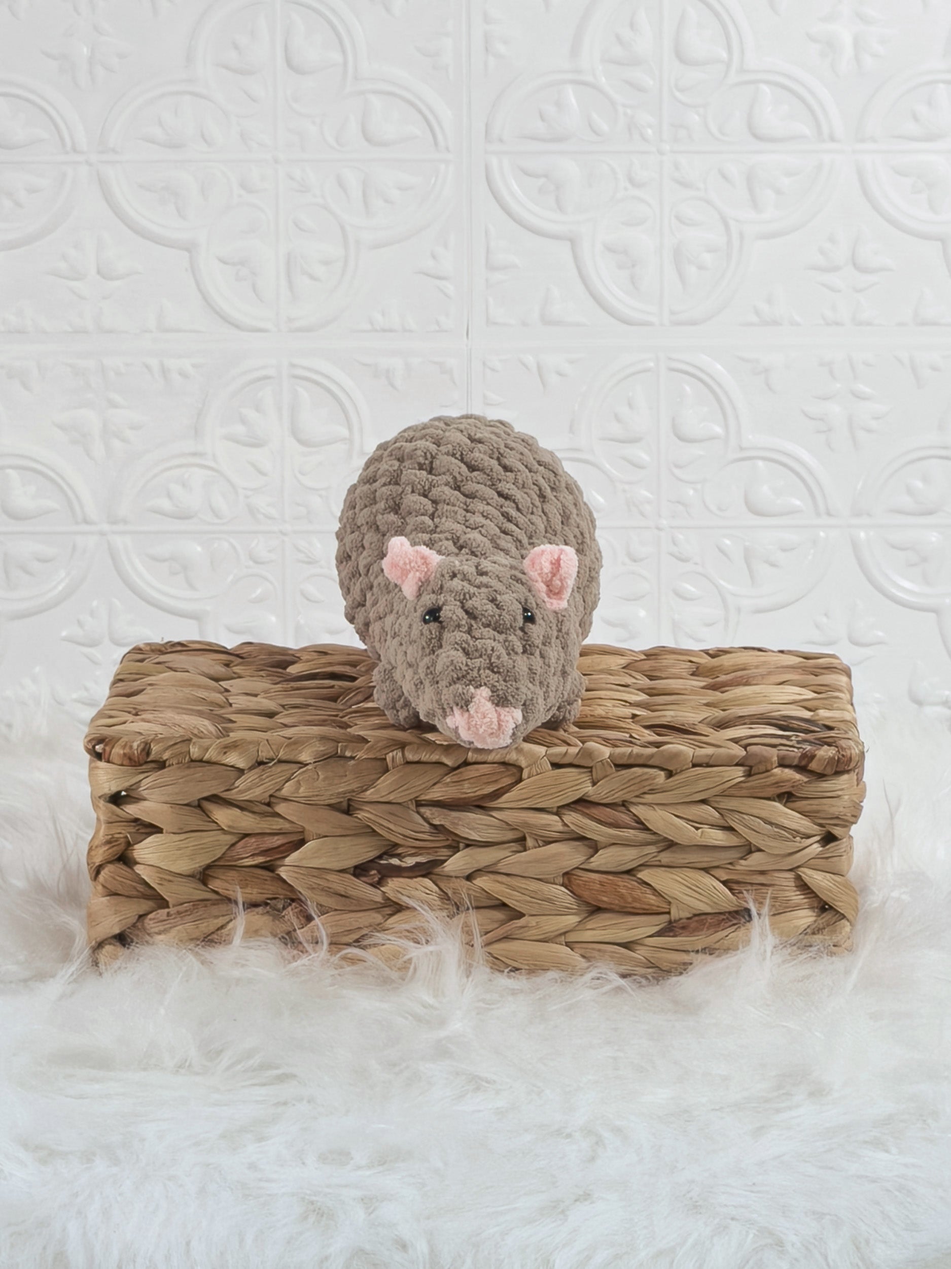 Handmade brown rat crochet plushie shown from the front
