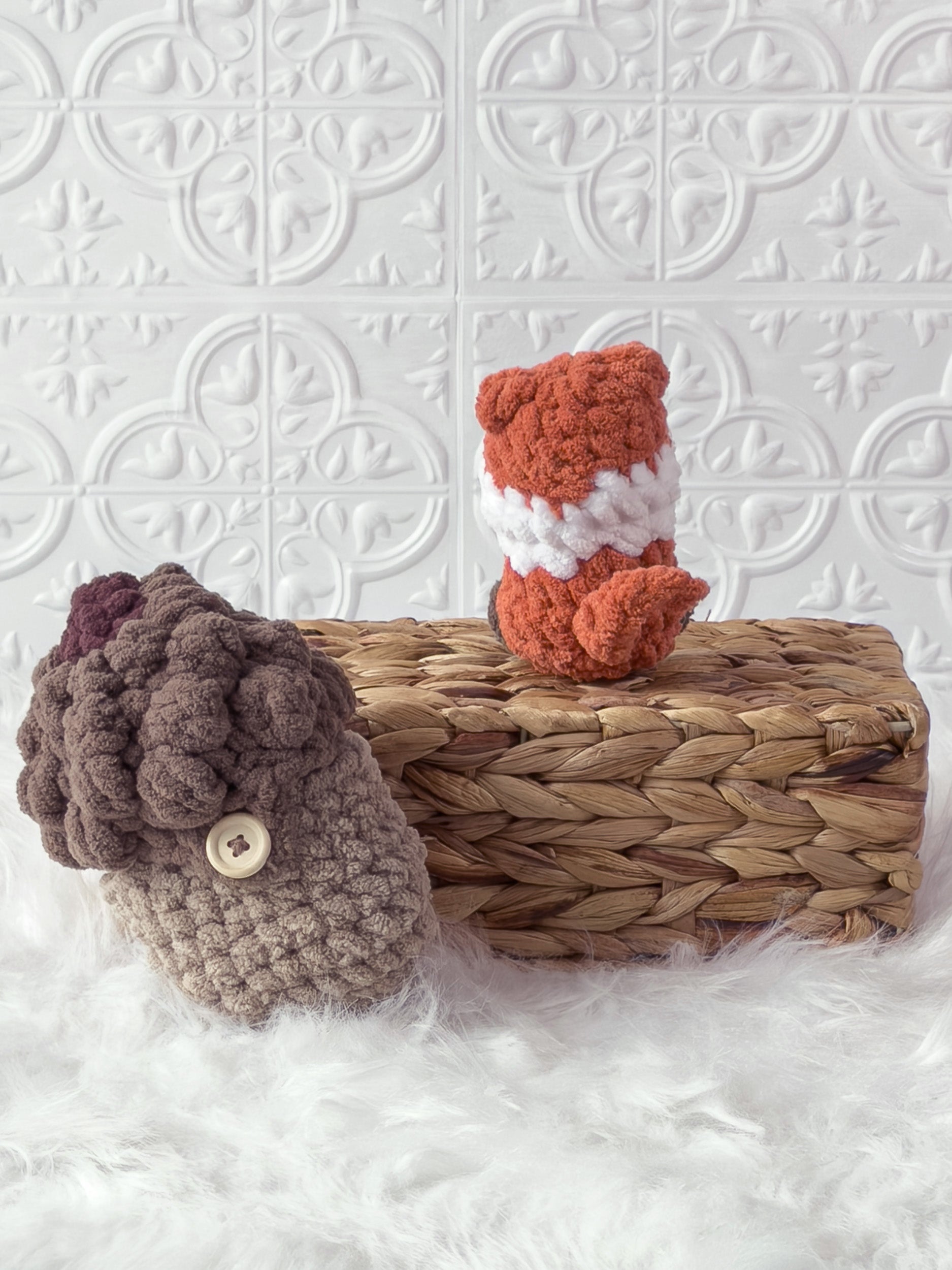Handmade brown, orange peek a boo fox in acorn crochet plushie shown from the back