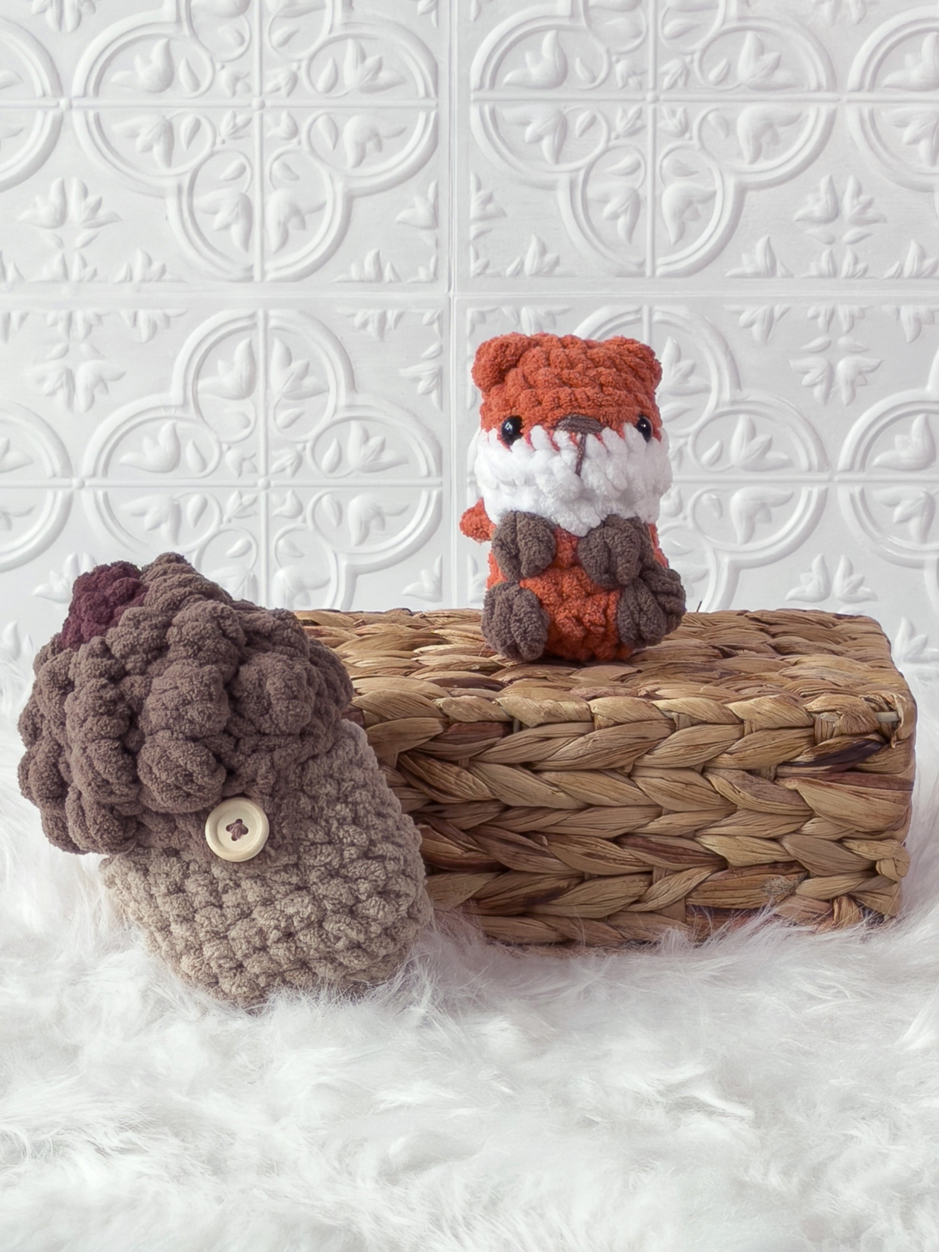 Handmade brown, orange peek a boo fox in acorn crochet plushie shown from the front