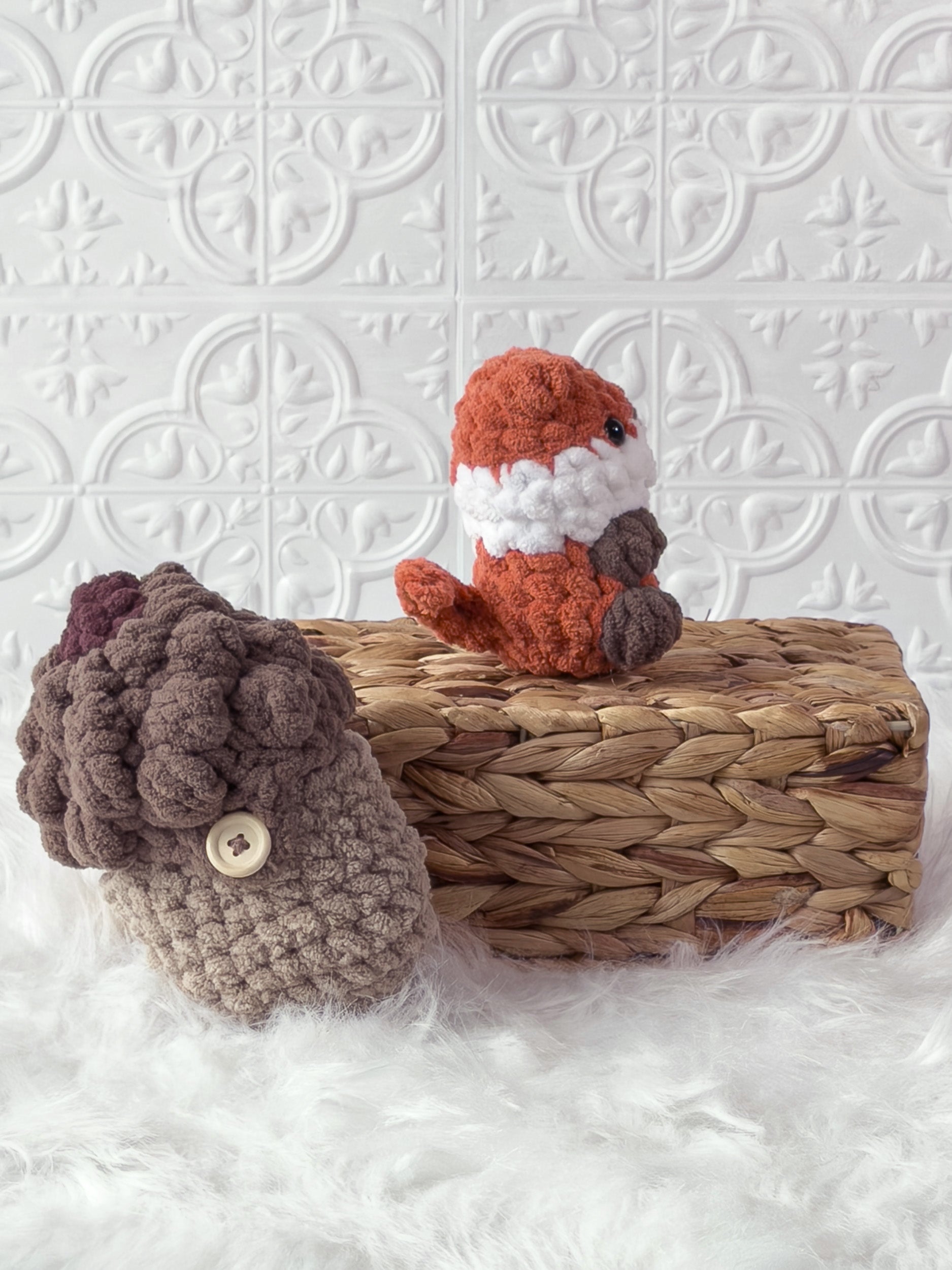 Handmade brown, orange peek a boo fox in acorn crochet plushie shown from the side