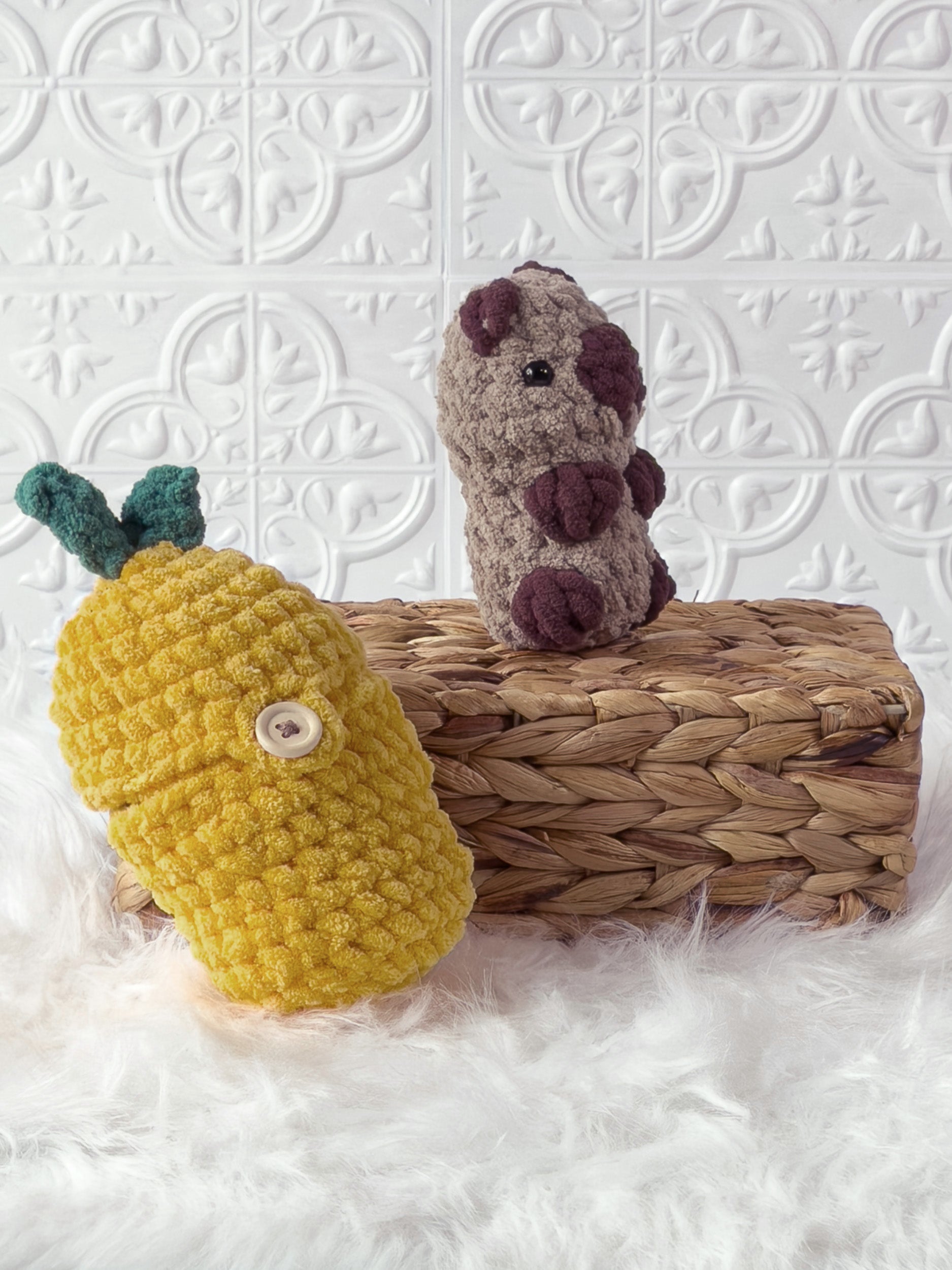 Handmade brown, yellow peek a boo capybara in lemon crochet plushie shown from an angled view