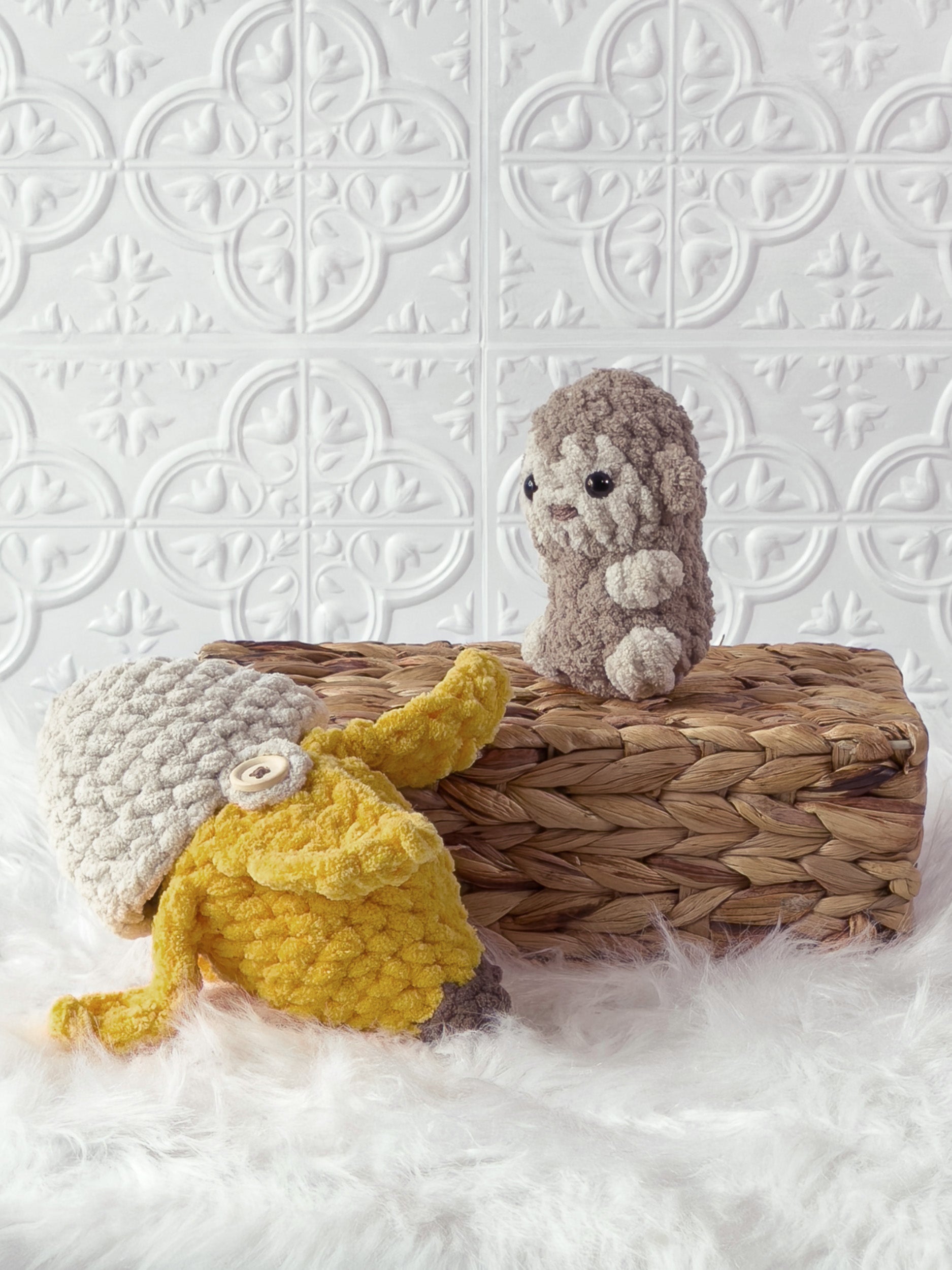 Handmade peek-a-boo monkey crochet plushie inside a crochet banana