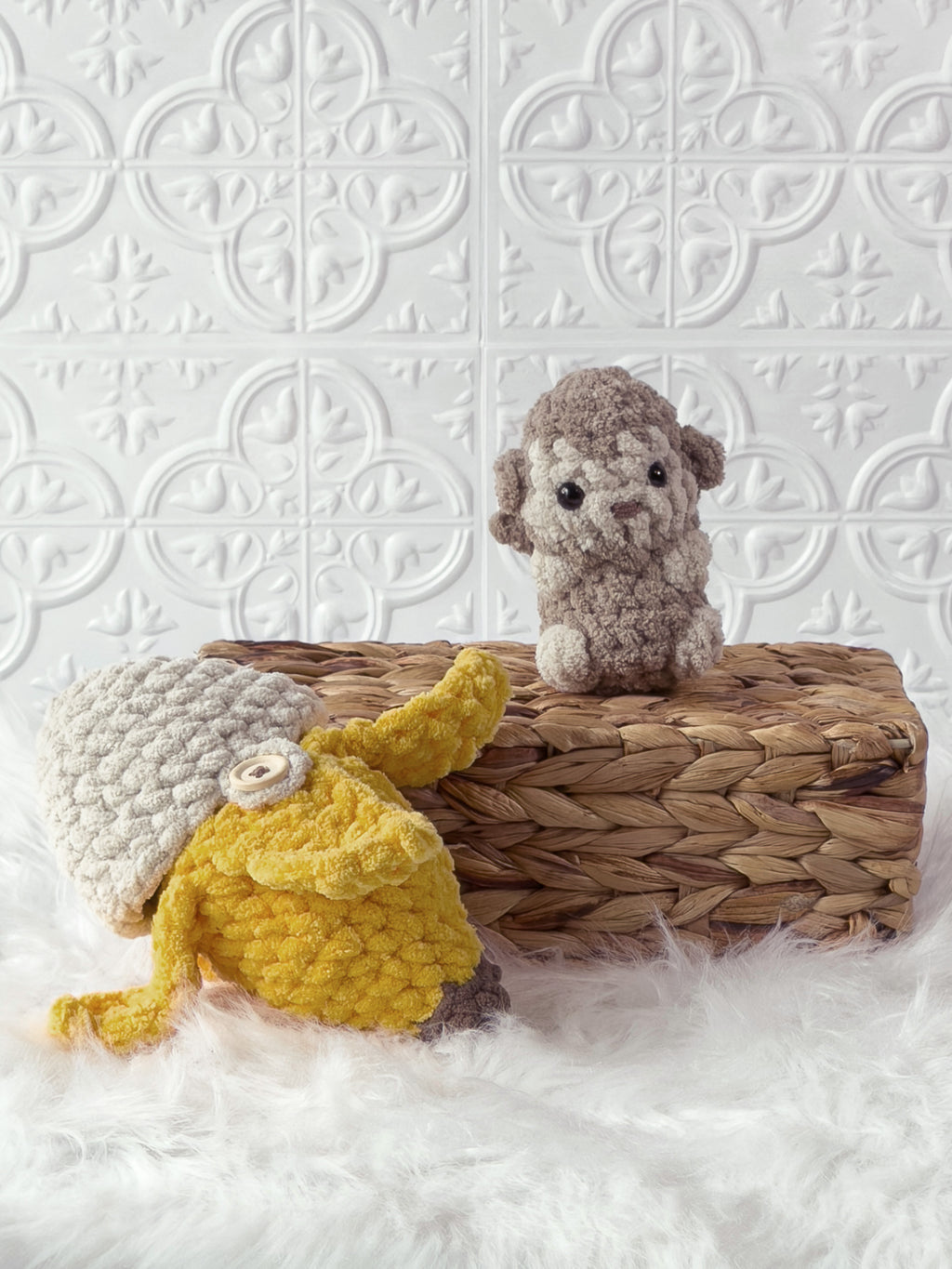 Handmade brown, yellow peek a boo monkey in banana crochet plushie shown from the front