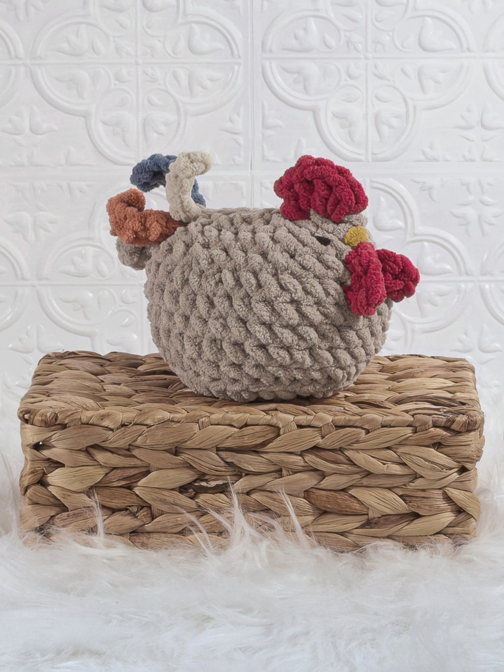 Handmade cream rooster crochet plushie shown from an angled view