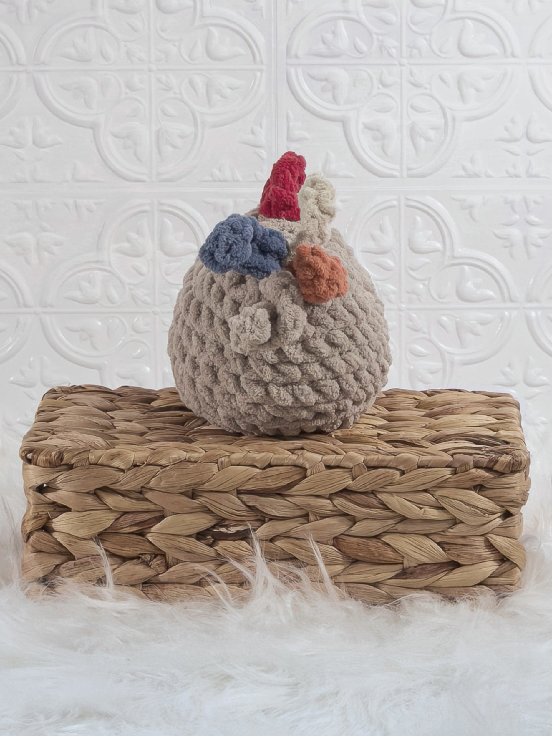 Handmade cream rooster crochet plushie shown from the back