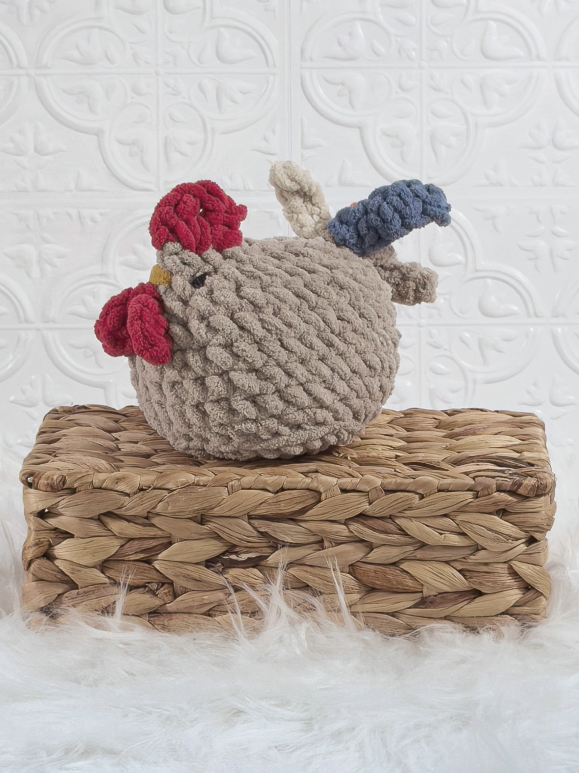 Handmade rooster crochet plushie shown from the front