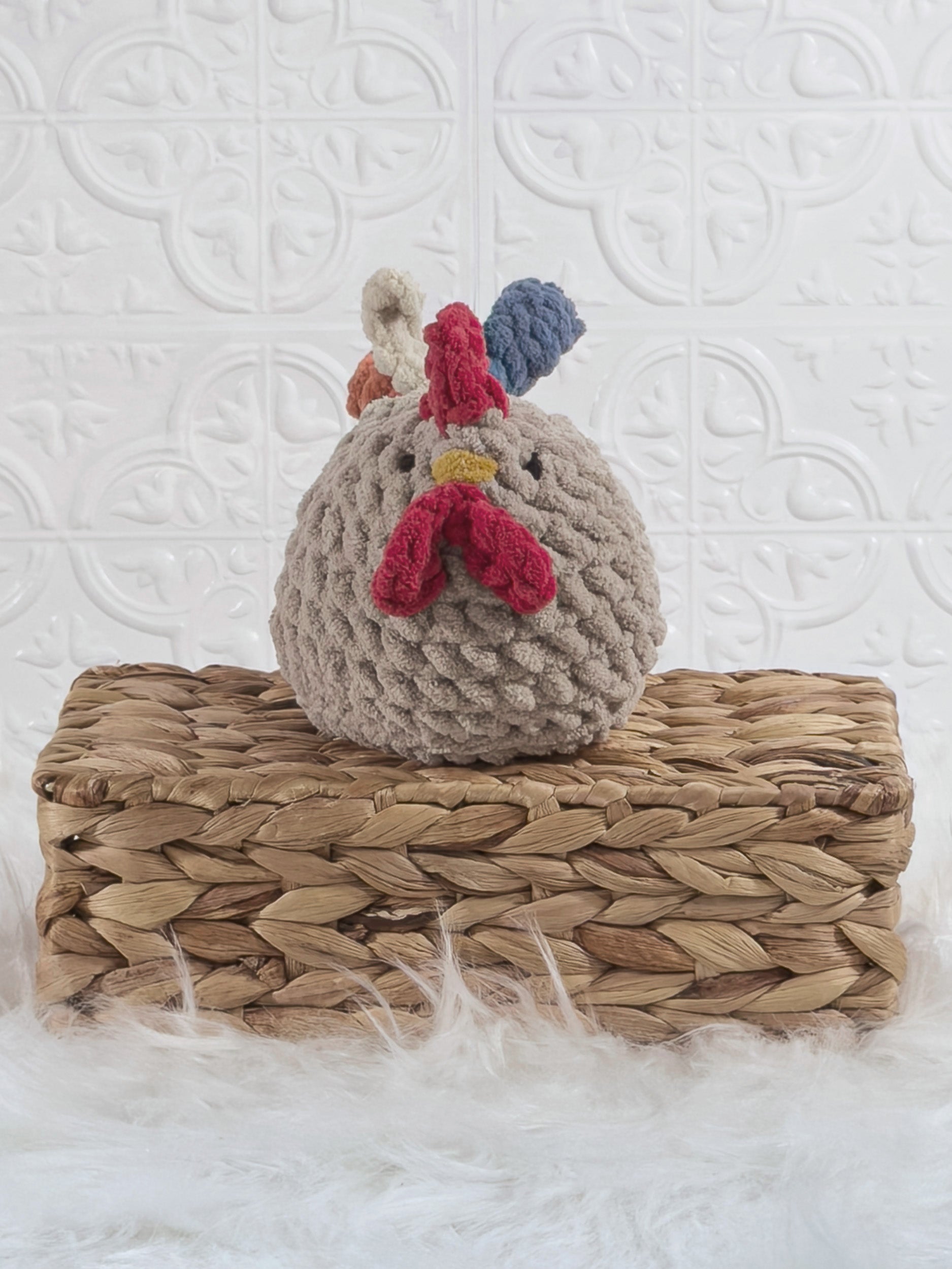 Handmade cream rooster crochet plushie shown from the front