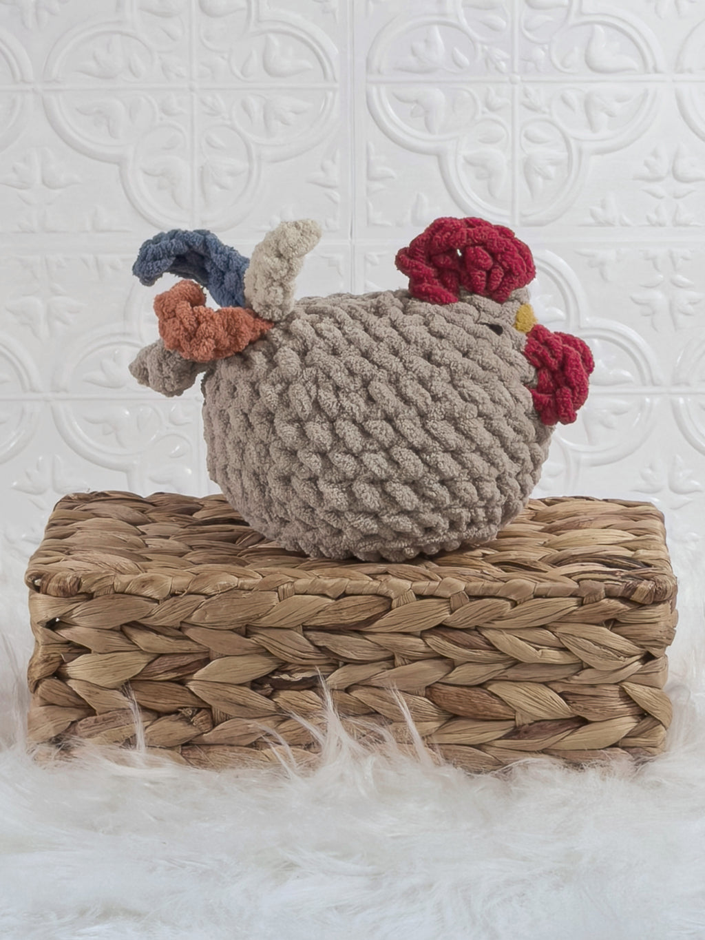 Handmade cream rooster crochet plushie shown from the side