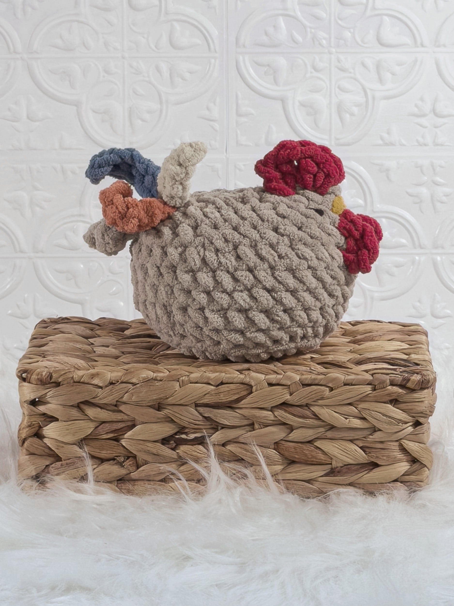 Handmade cream rooster crochet plushie shown from the side