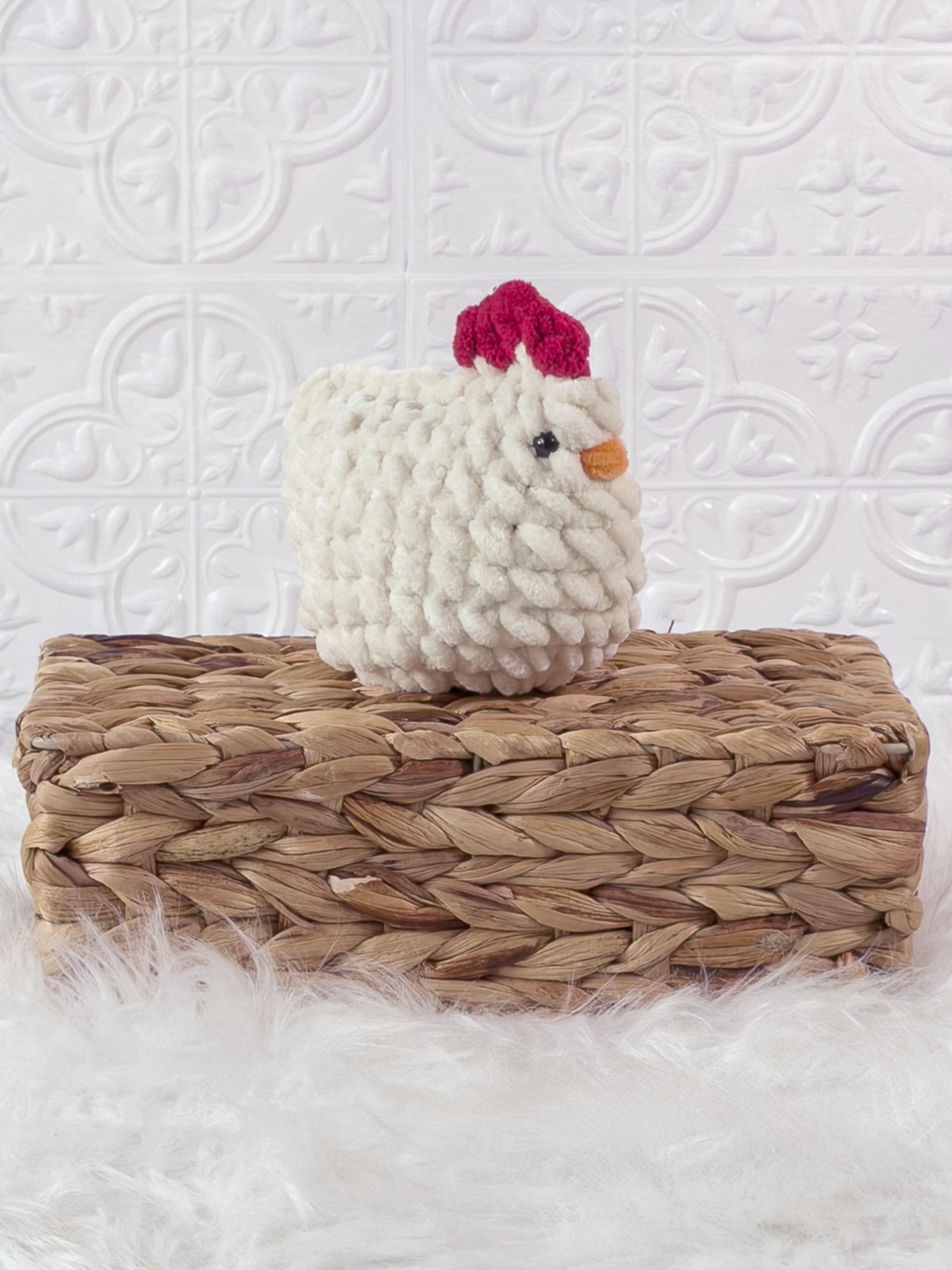 Handmade cream, light chicken crochet plushie shown from an angled view