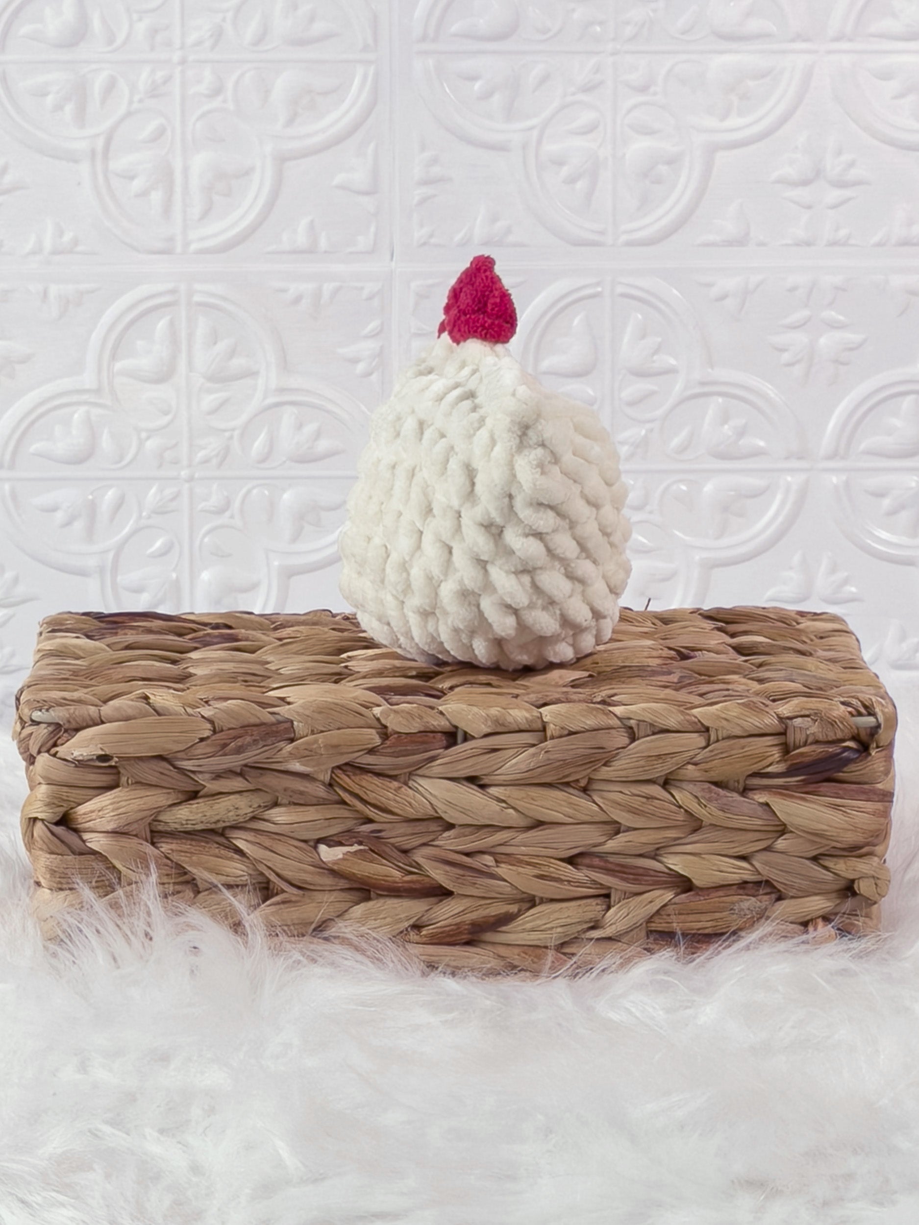 Handmade cream, light chicken crochet plushie shown from the back